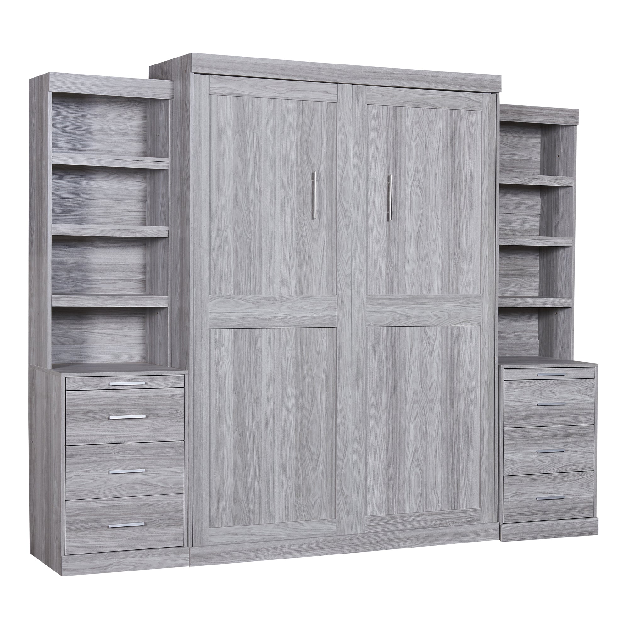 Full Size Murphy Bed with Storage Shelves and Drawers, Gray