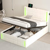 Full Size Upholstered Bed with LED Lights,Hydraulic Storage System and USB Charging Station,White