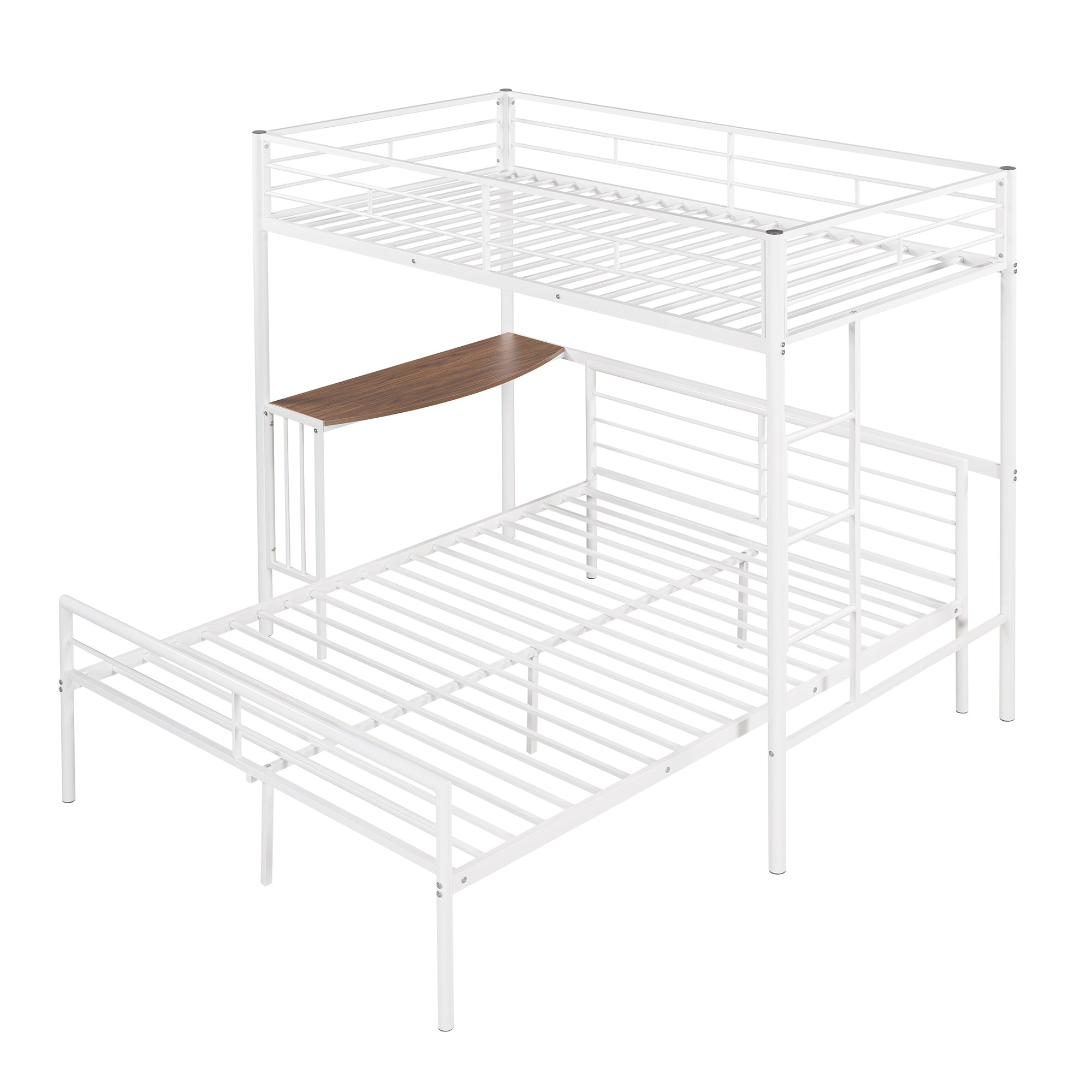 Twin Over Full Metal Bunk Bed with Desk, Ladder and Quality Slats for Bedroom, Metallic  White（OLD SKU :LP000092AAK）