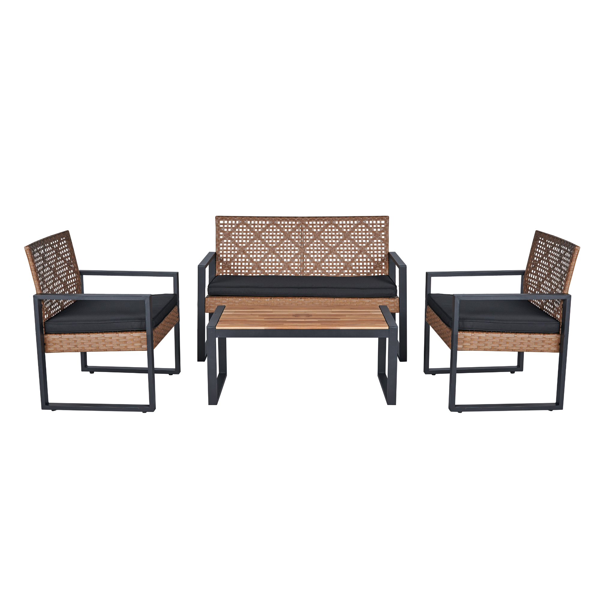 4-Piece Patio Furniture Set Outdoor Balcony Porch Garden Backyard Lawn Furniture Acacia Wood Table Top, Morden Black and Light Brown