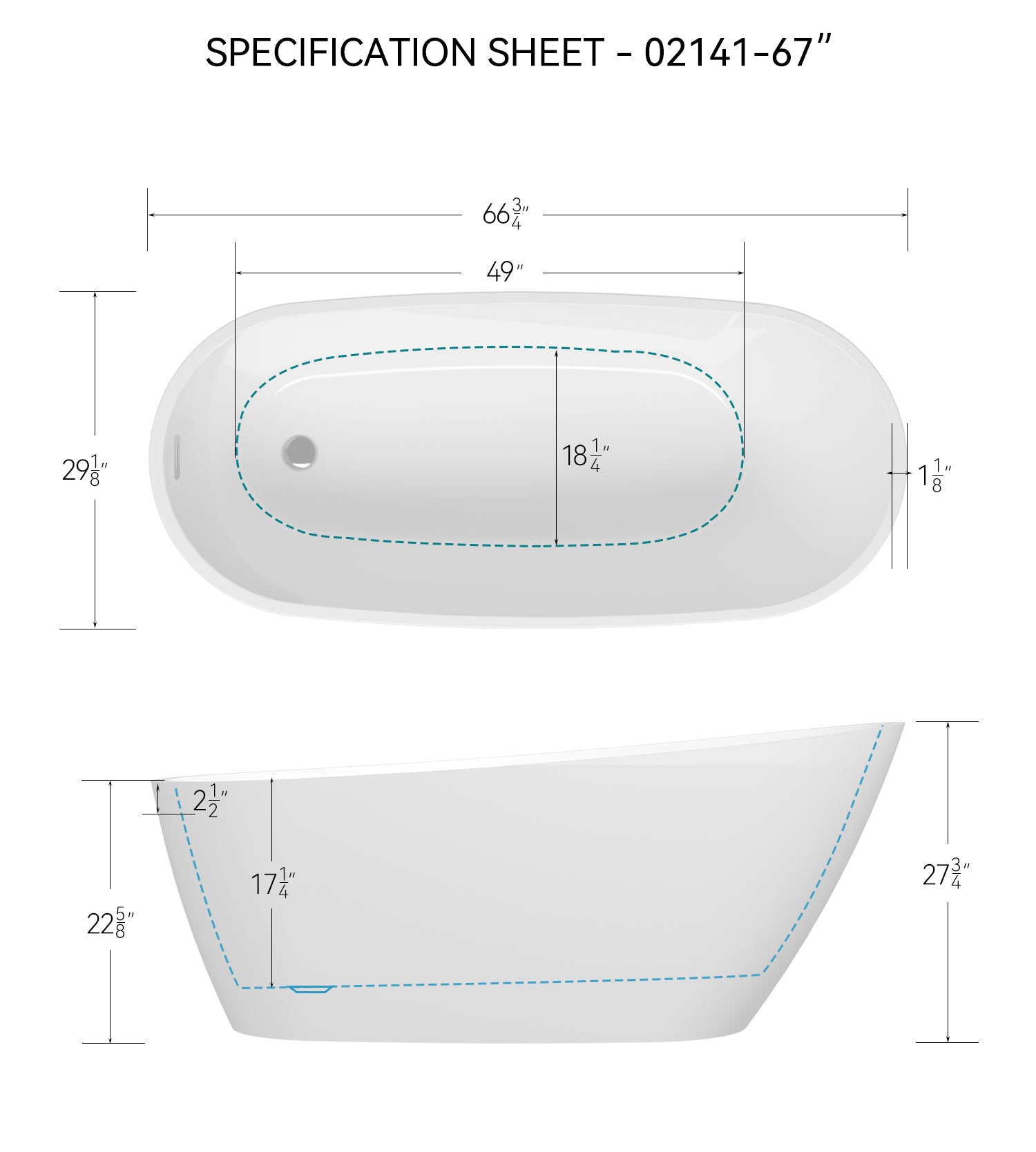 67'' Acrylic Freestanding Soaking Bathtub with Classic Slotted Overflow and Toe-tap Drain in Chrome, cUPC Certified.Easy to Install, 02141