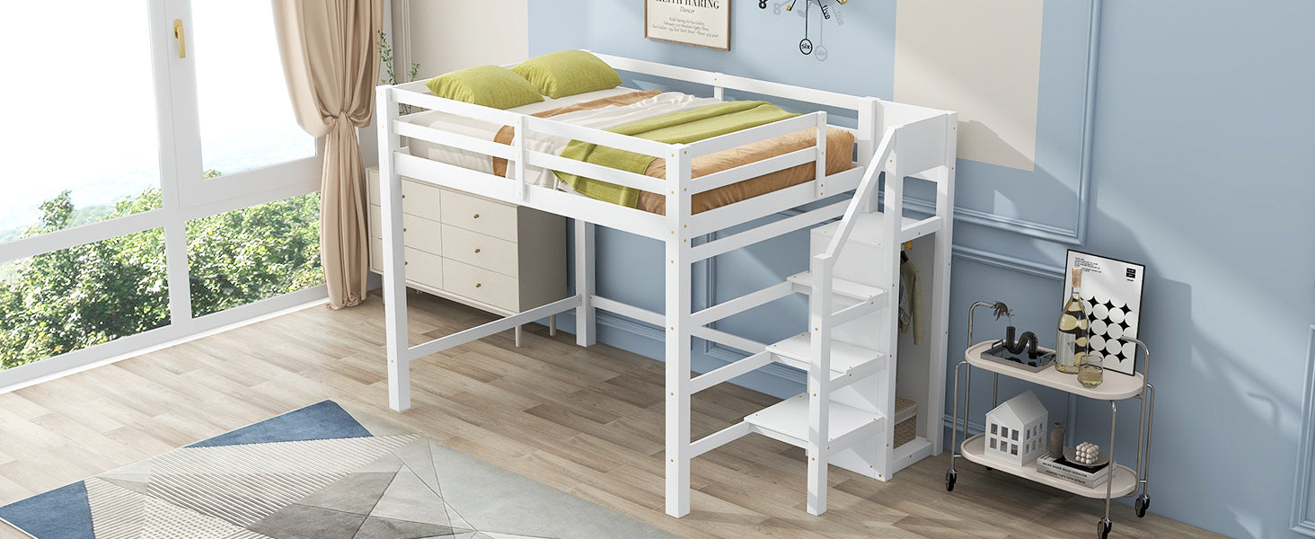 Full Size Loft Bed with Built-in Storage Wardrobe and Staircase, White