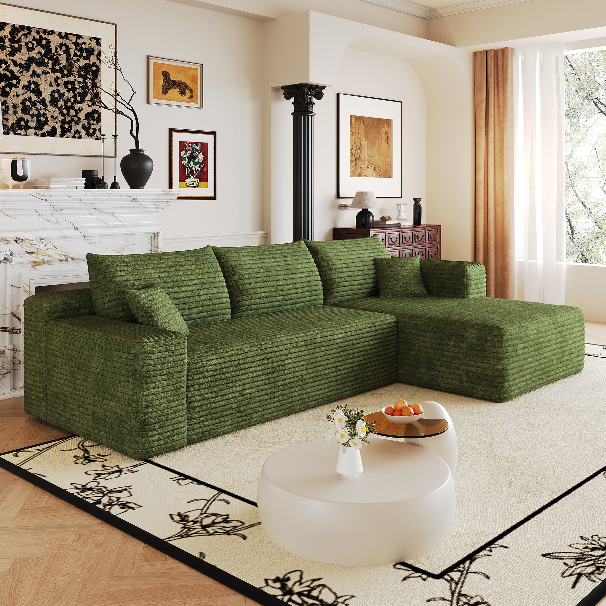 Green corduroy L-shaped sectional sofa, corner configuration view