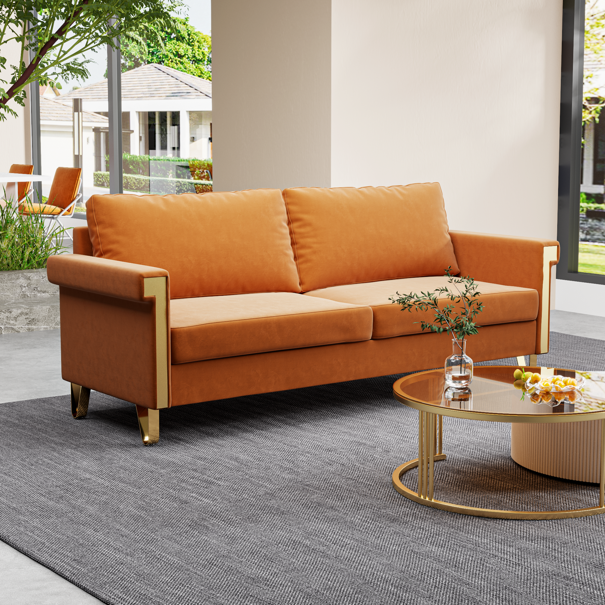 76.34in Wide Modern Orange Velvet Sofa Stylish Living Room Furniture with Gold Metal Legs and Deep Cushions for Maximum Comfort