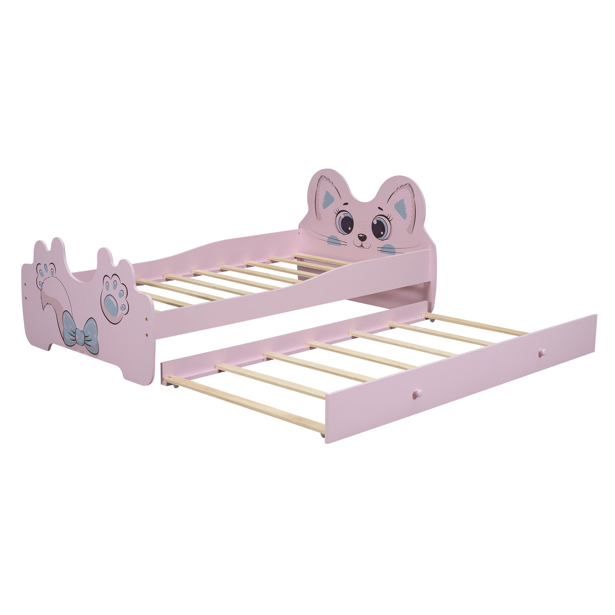 Cartoon Twin Size Platform Bed with Trundle, Pink