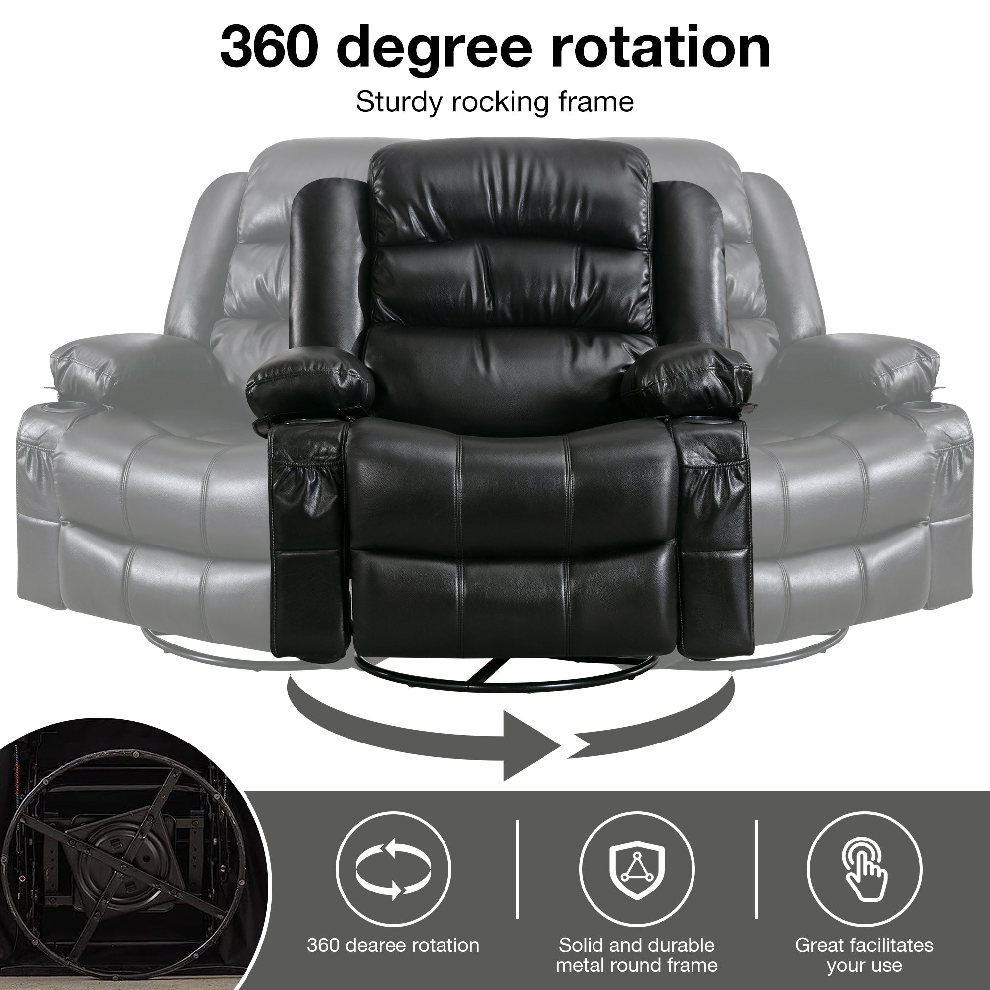 Massage Swivel Rocker Recliner Chair with Vibration Massage and Heat Ergonomic Lounge Chair for Living Room with Rocking Function and Side Pocket   2 Cup Holders USB Charge Port ,black.