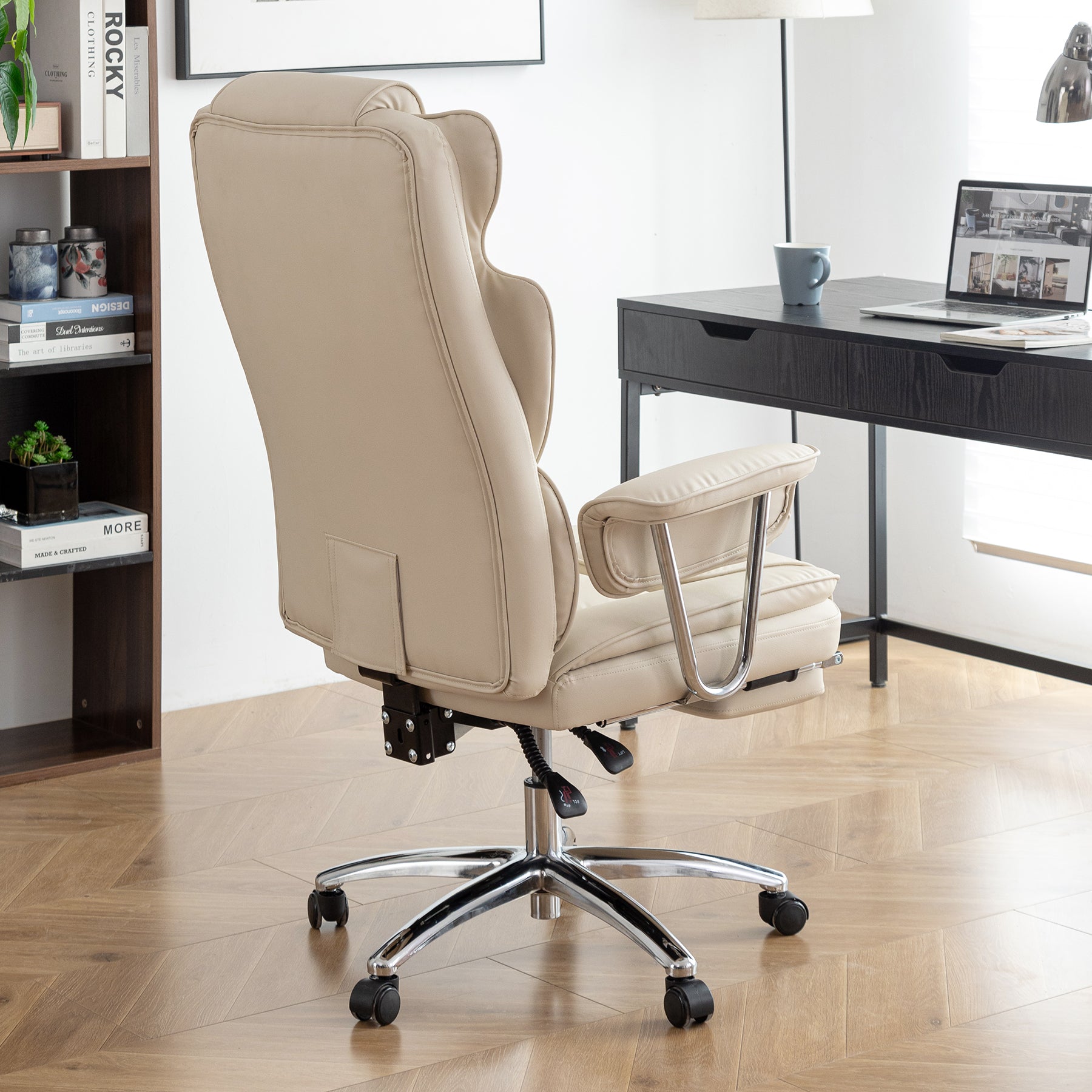 Office Chair, Big and Tall Executive Office Chair with Footrest, Leather Computer Chair, Ergonomic Reclining Chair High Back , Large Home Office Chair (Beige)