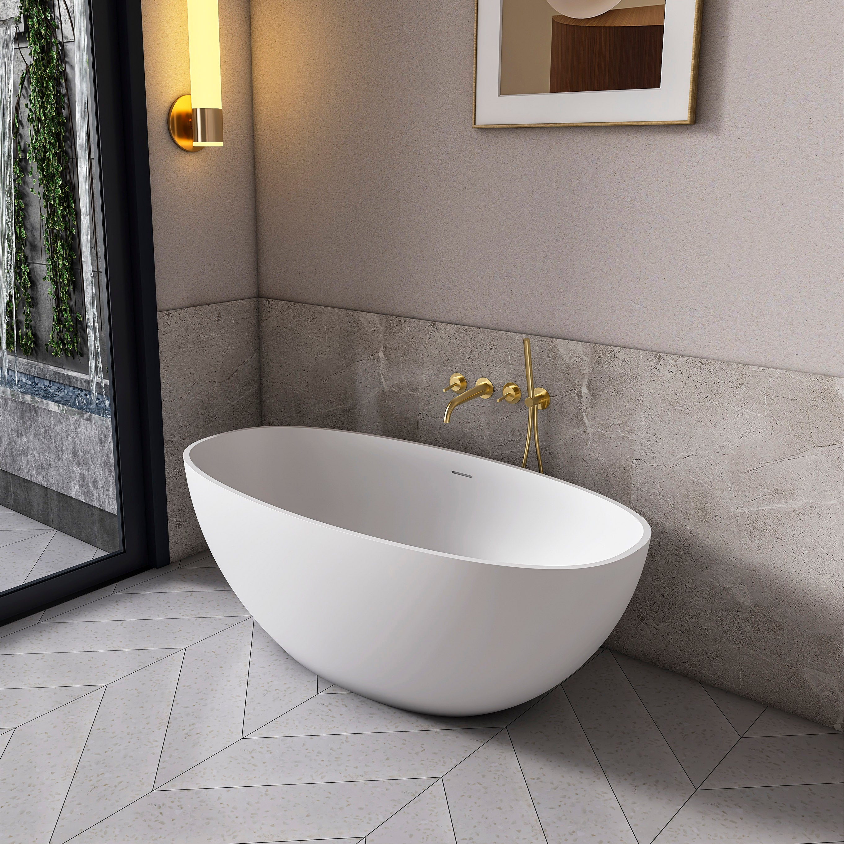 61 inch artificial stone freestanding bathtub, angled view