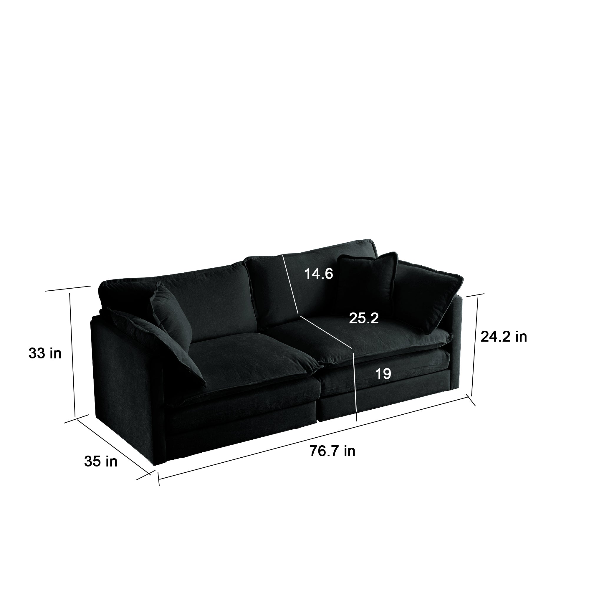 Modern Fabric Loveseat Sofa Couch for Living Room, Upholstered Large Size Deep Seat 2-Seat Sofa with 4 Pillows ,Black Chenille