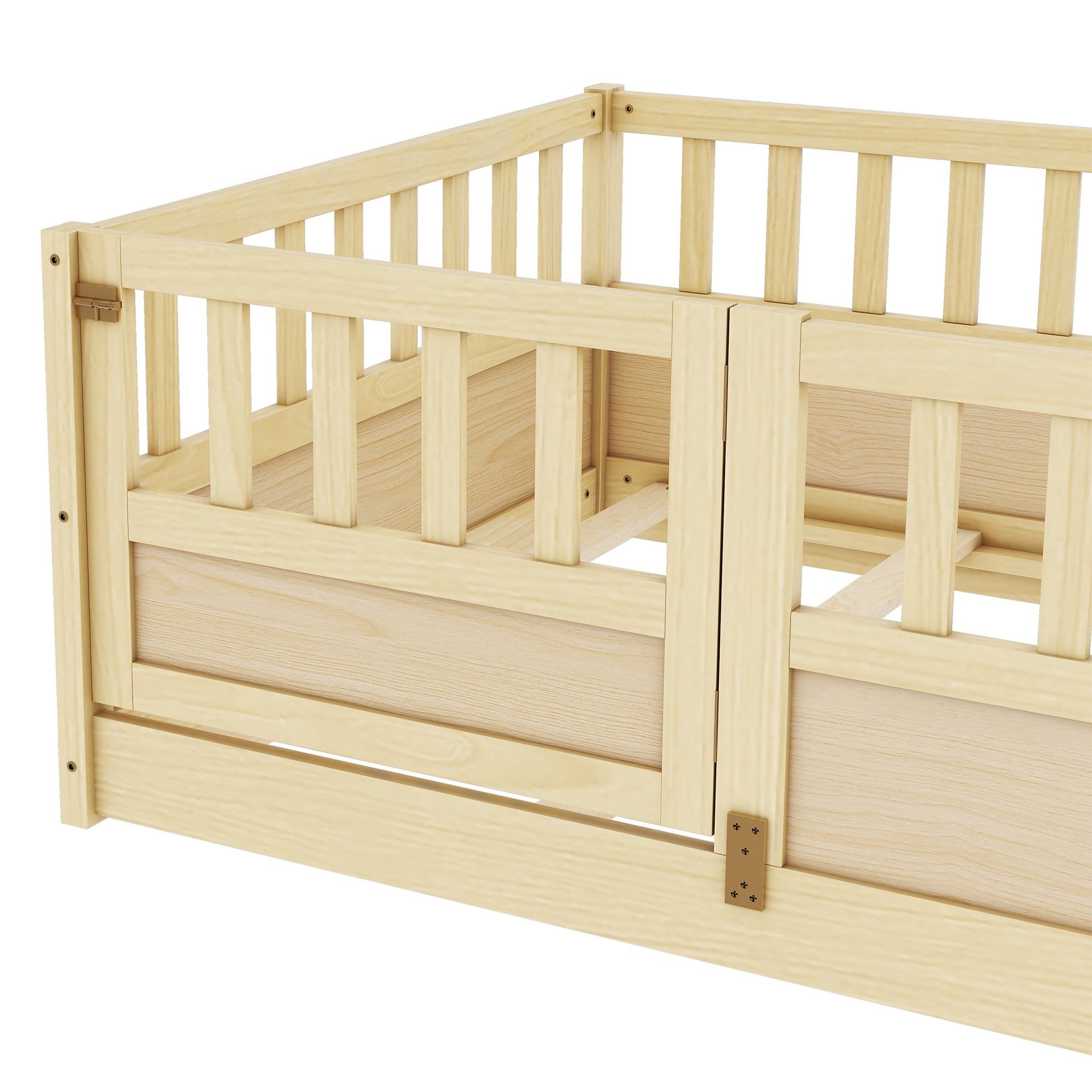 Twin Size Floor bed, integral construction with super high security barrier, door, children's floor bed frame, Montessori wooden children's floor bed, Support  slat Natural Wood