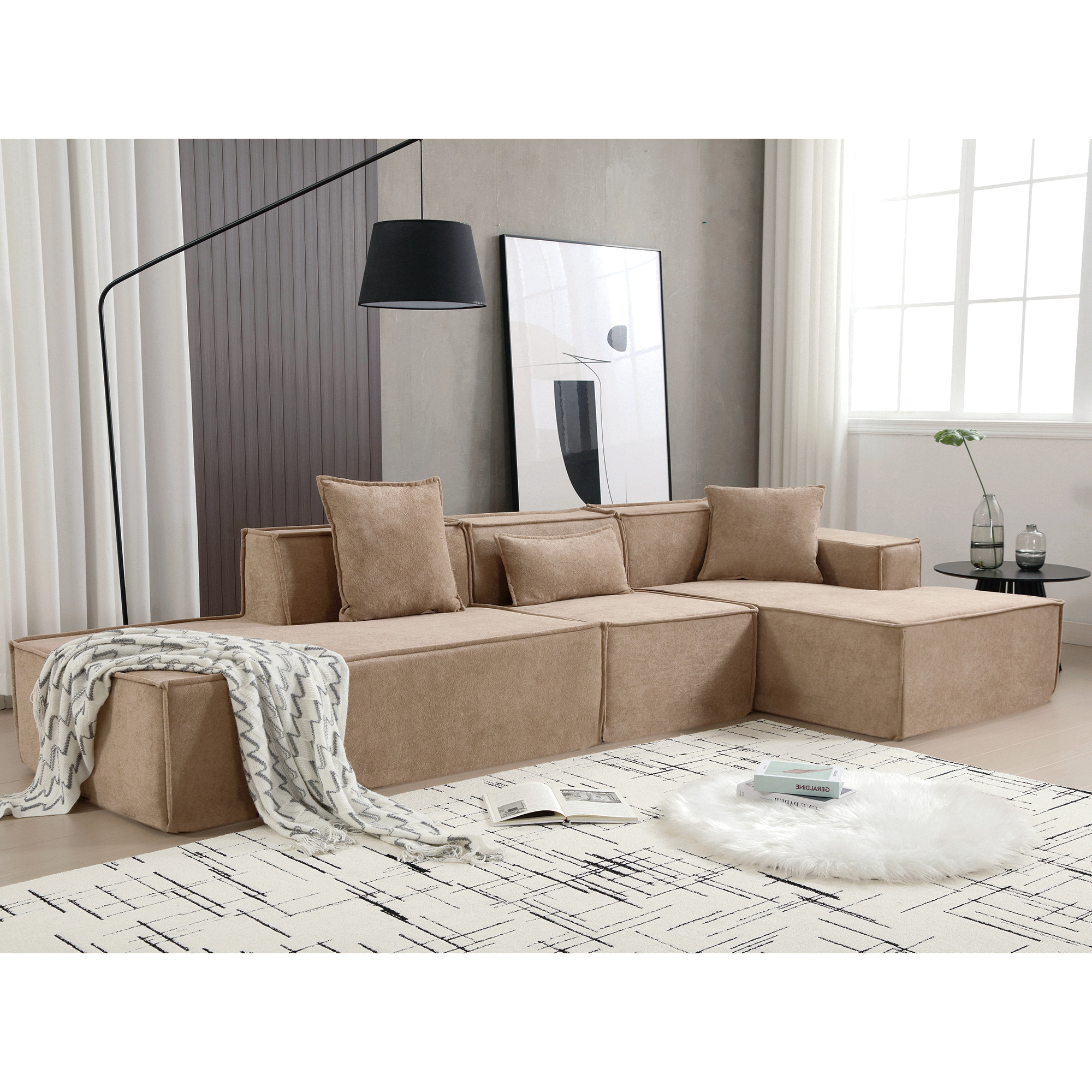 [VIDEO PROVIDED] Modular combination  sofa set, modern minimalist sofa, free installation sofa, L-shaped, Italian minimalist tofu block sofa,  Right-Hand Facing,Terrycloth fabric,Light Brown