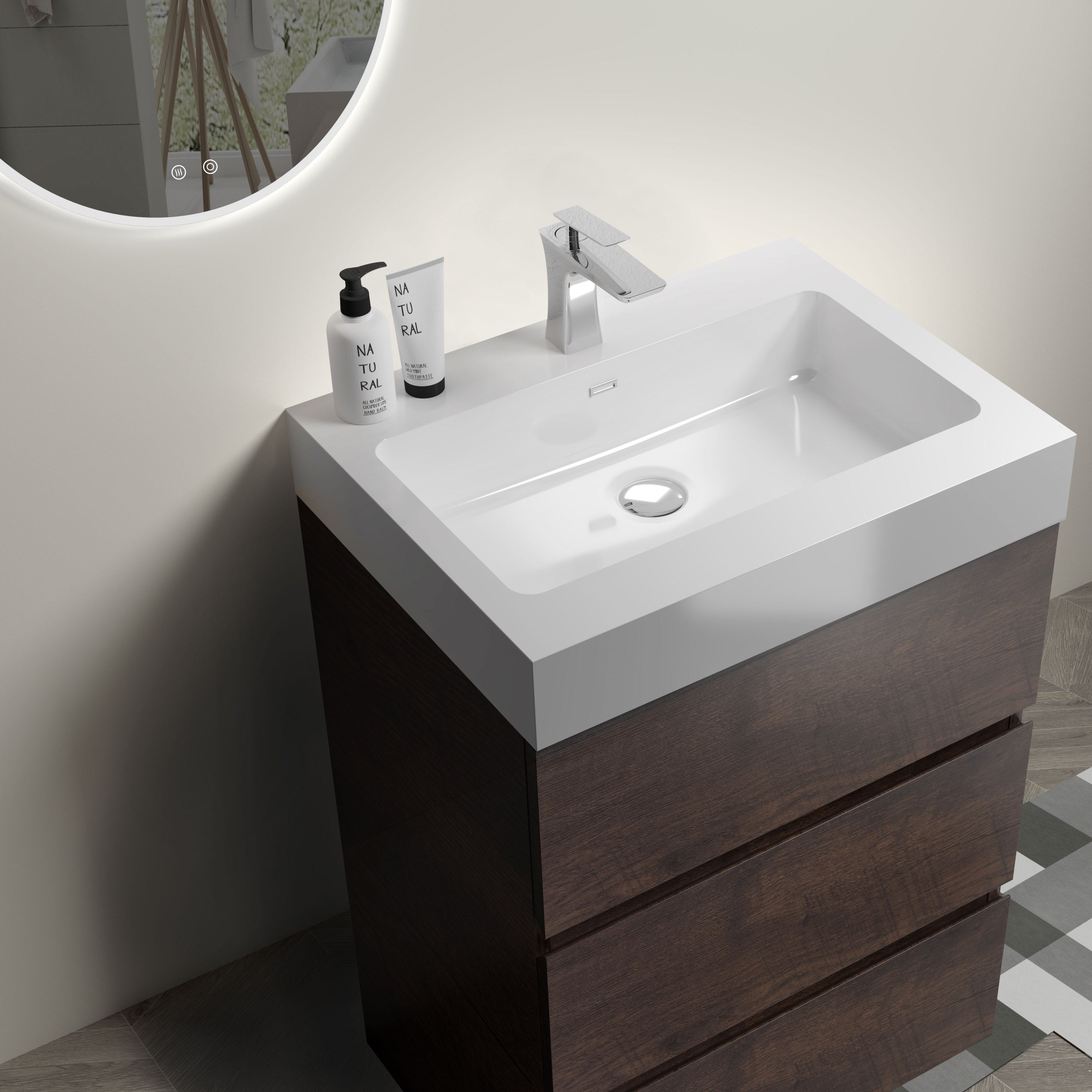 Alice 24" Walnut Bathroom Vanity with Sink, Large Storage Freestanding Bathroom Vanity for Modern Bathroom, One-Piece White Sink Basin without Drain and Faucet, Pre-assembled