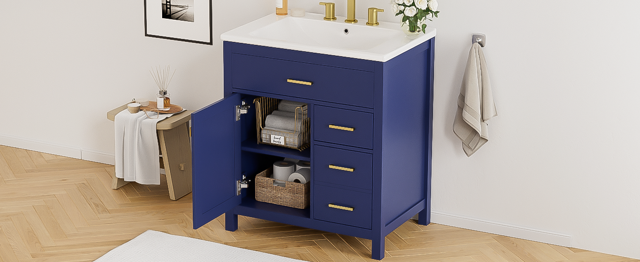 30-Inch Blue Bathroom Vanity with Ceramic Sink and Ample Storage - Ideal Choice for Small Bathrooms