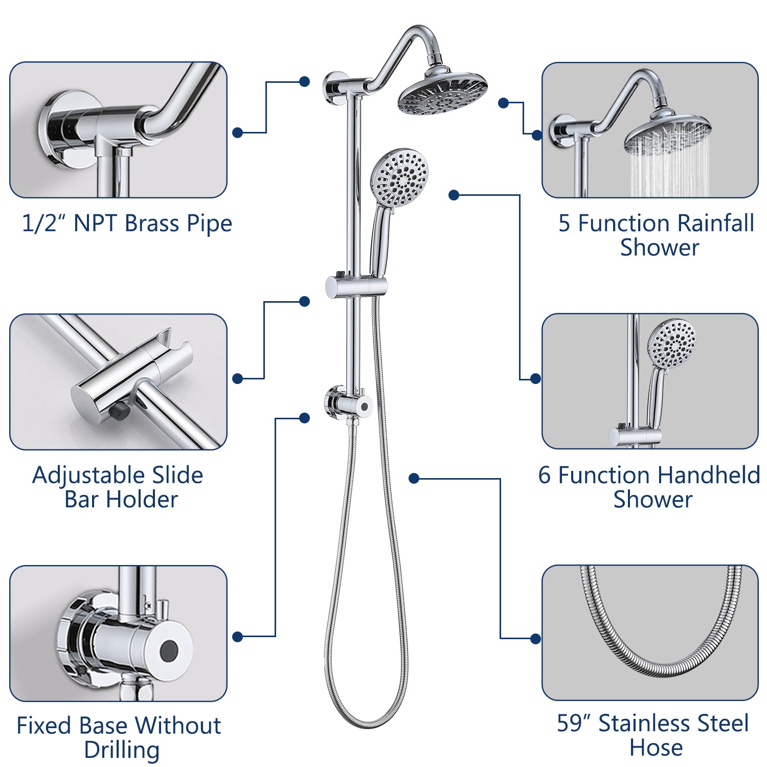 6 Inch Rain Shower Head with Handheld Shower Head Bathroom Rain Shower System