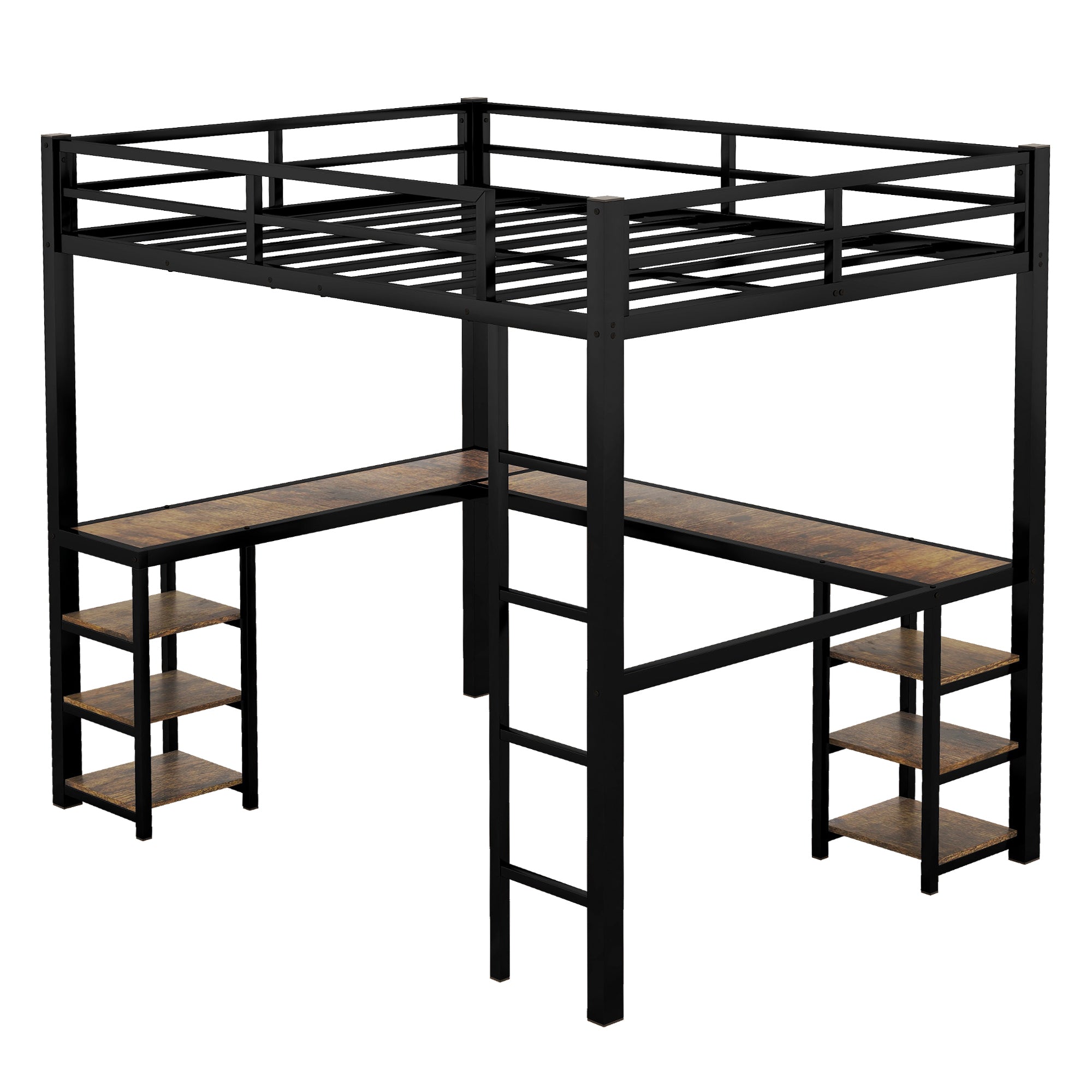 Full Metal Loft Bed with Desk and Shelves, Loft Bed with Ladder and Guardrails, Loft Bed Frame for Bedroom, Black with Vintage Wood-colored desk