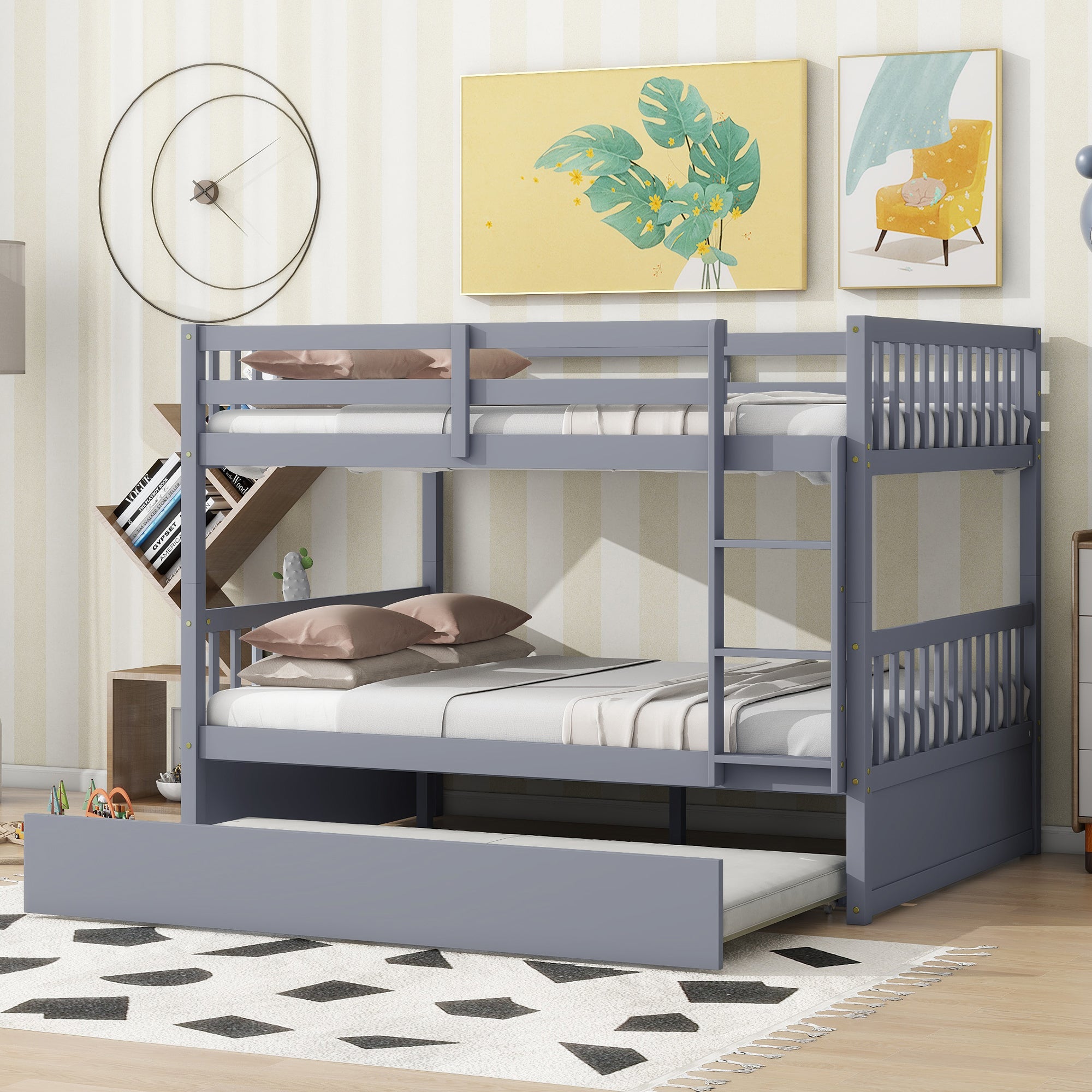 Grey full over full bunk bed with trundle, room setting view