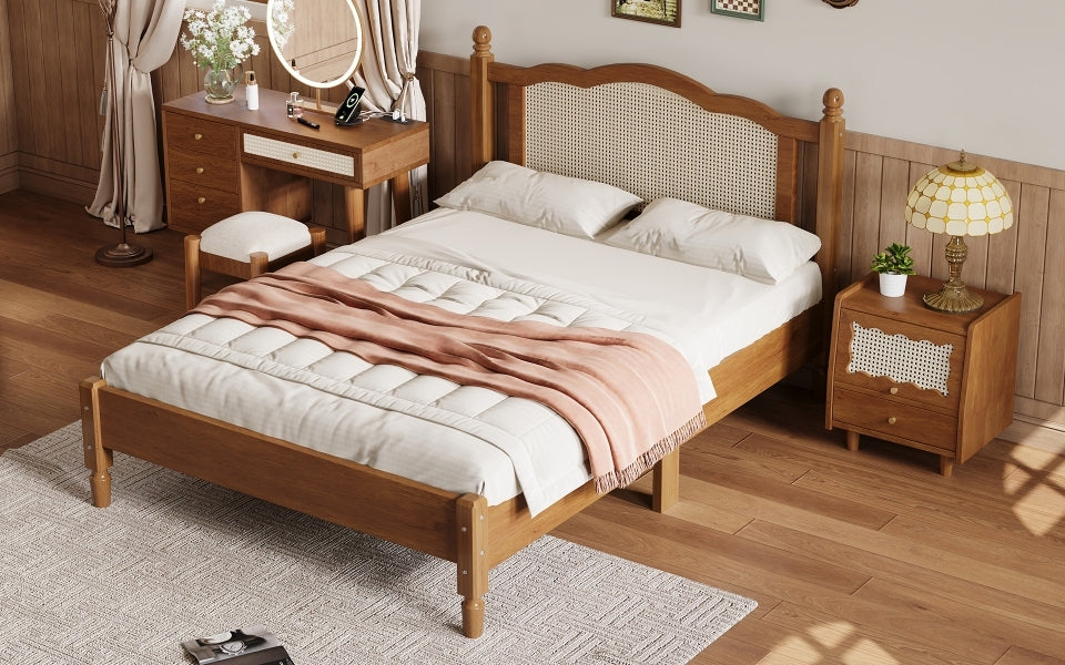 Full Size Wooden Platform Bed with Natural Rattan Headboard, Vintage Bed Frame with Wooden Slat Support, Walnut