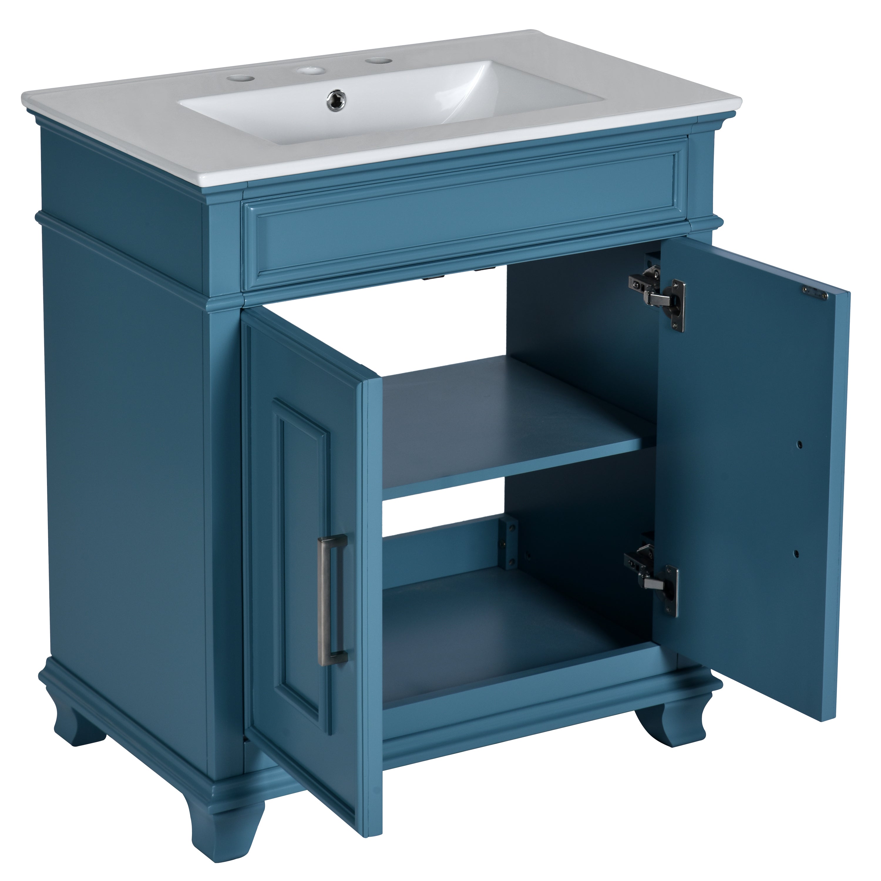 30 Inch Bathroom Vanity with Ceramic Sink, Freestanding Bathroom Vanity Set with Storage Shelf, Storage Cabinet for Bathroom, Solid Wood Frame Bathroom Cabinet, Blue