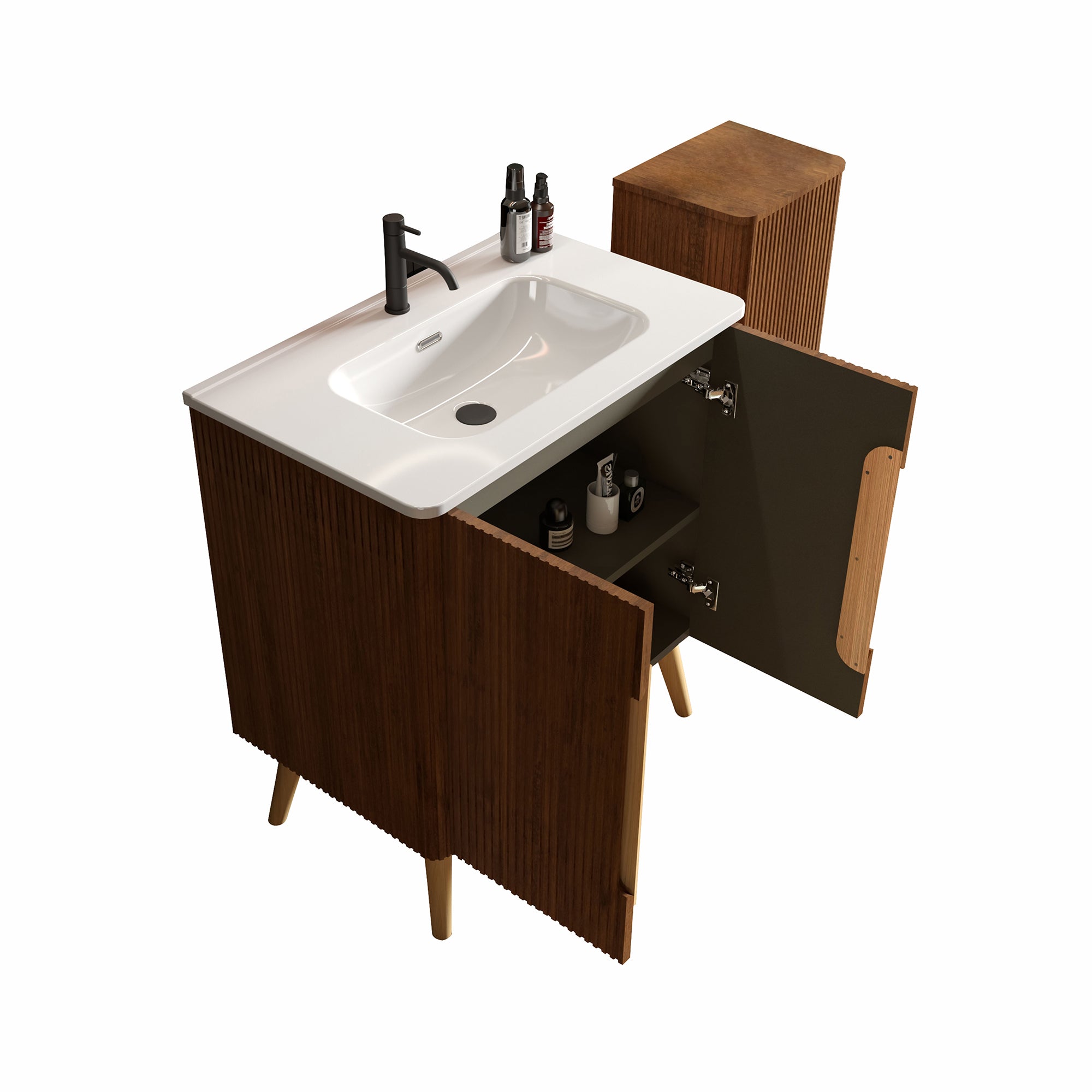 Etna 30" Striped Walnut Bathroom Vanity with Sink & Side Cabinet, Freestanding Vanity & Floating Storage Cabinet Combo for Modern Bathroom, KD