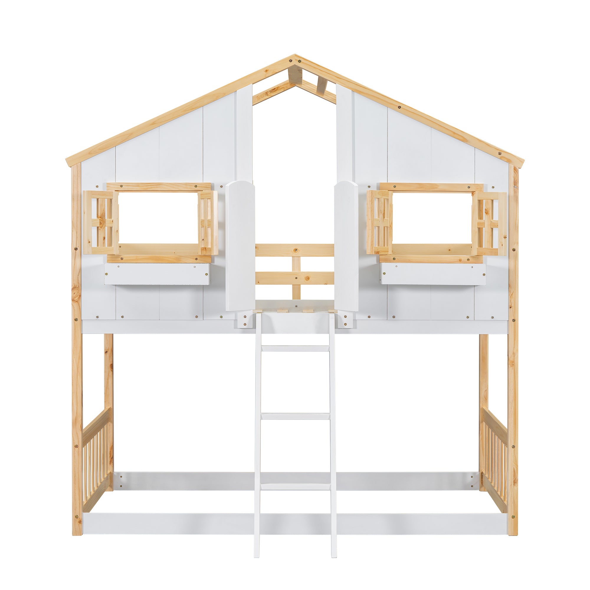 Twin over Twin House Bunk Bed with Roof , Window, Window  Box, Door , with Safety Guardrails and Ladder, Natural/White