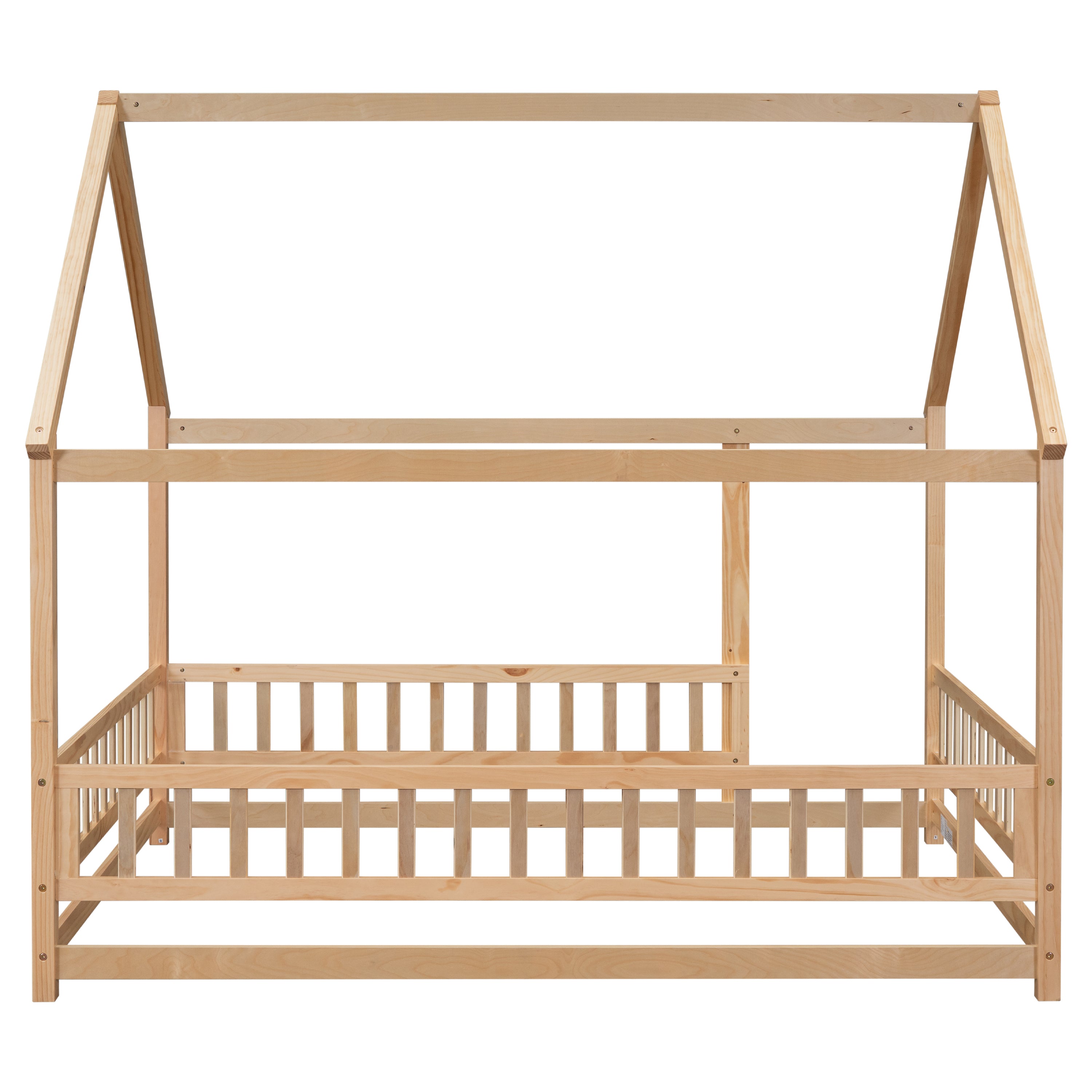 Full Size Floor Wooden Bed with House Roof Frame, Fence Guardrails ,Nartural(Old SKU:W504105242)