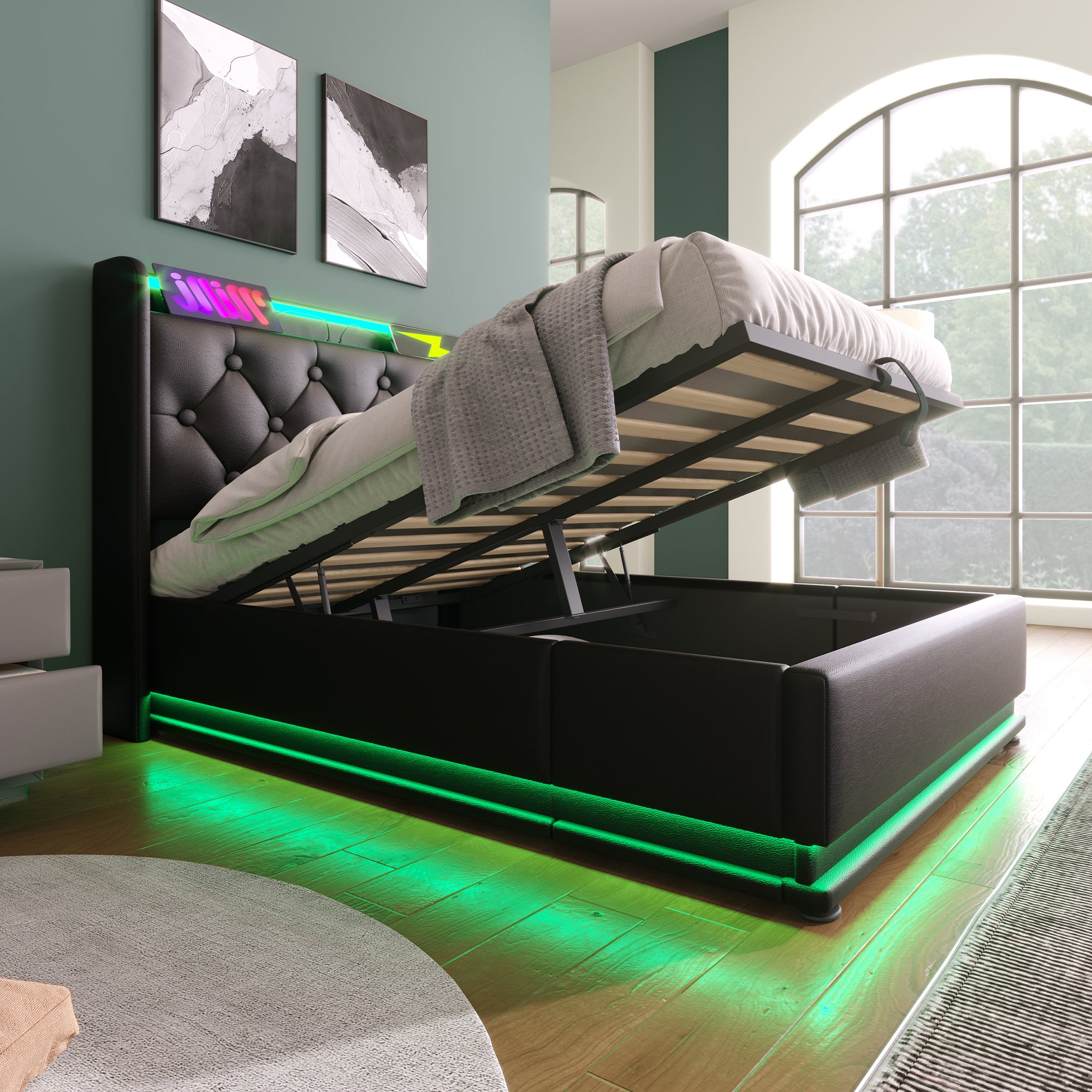 Twin size Upholstered bed, 360 surround LED function, Buttons/Apps/Remote Control, hydraulic storage bed with USB Type-C charging, Black, PU (Without mattress)