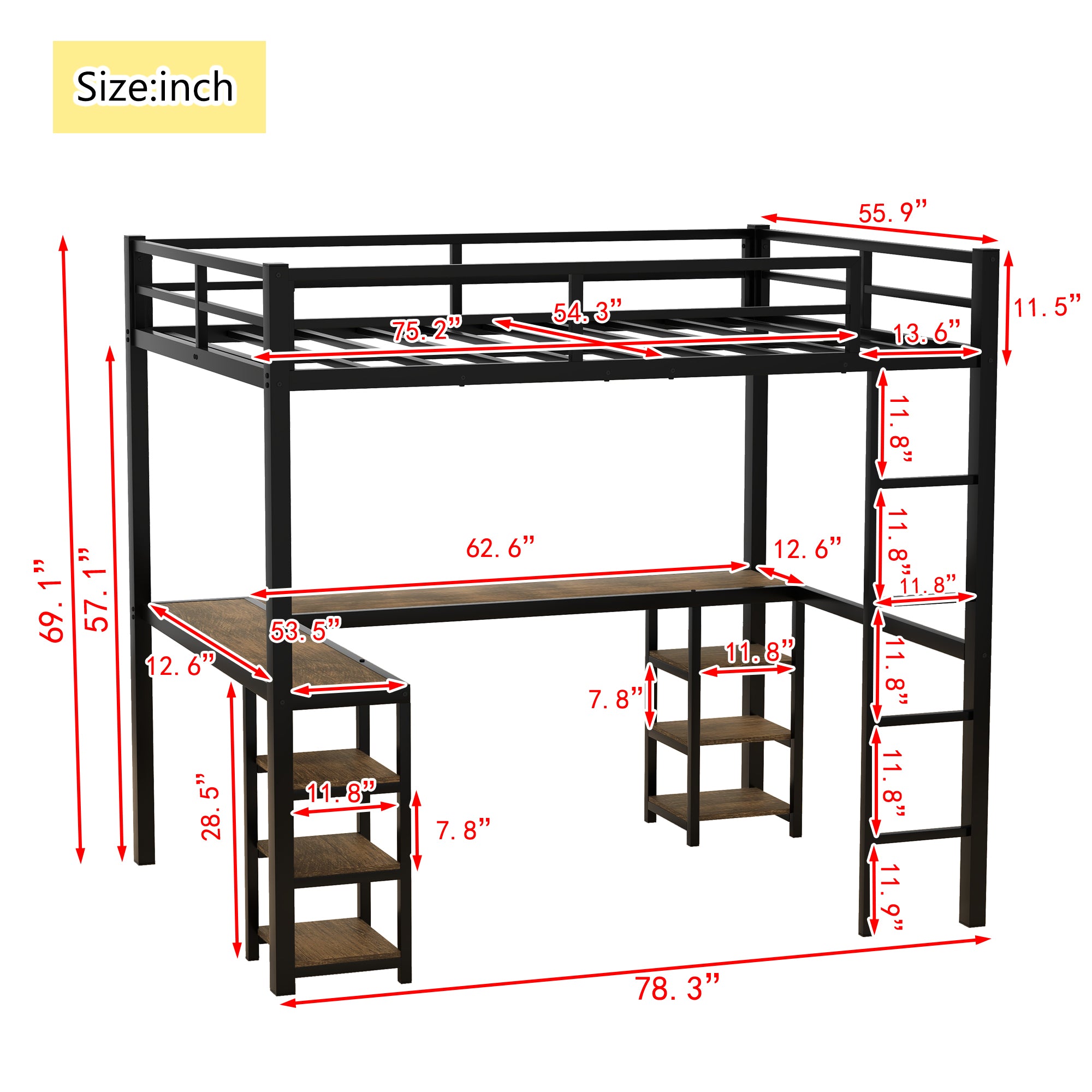 Full Metal Loft Bed with Desk and Shelves, Loft Bed with Ladder and Guardrails, Loft Bed Frame for Bedroom, Black with Vintage Wood-colored desk