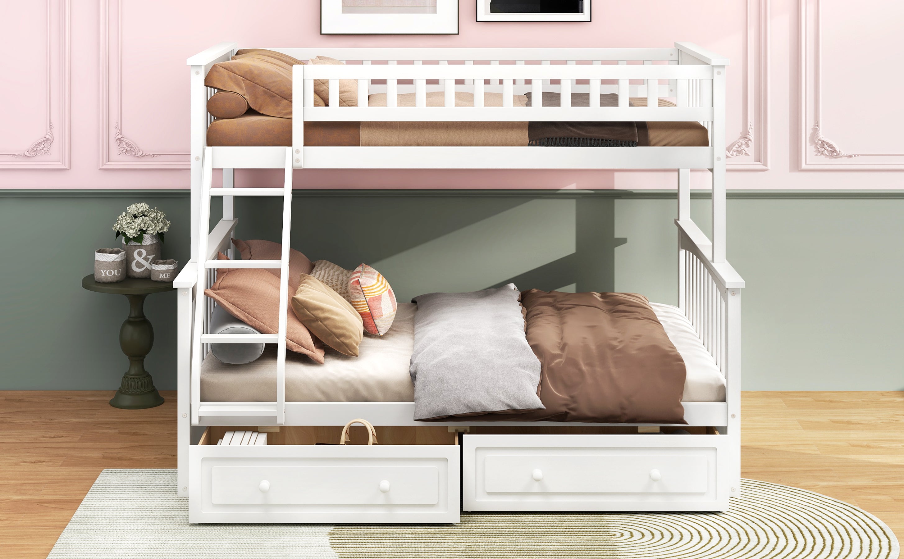 Slanted ladder and guardrail detail on white bunk bed