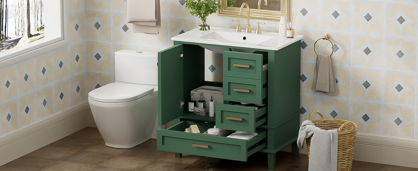 30" Bathroom Vanity in Green, Modern Bathroom Cabinet with Sink Combo Set, Bathroom Storage Cabinet with a Soft Closing Door and 3 Drawers, Solid Wood Frame