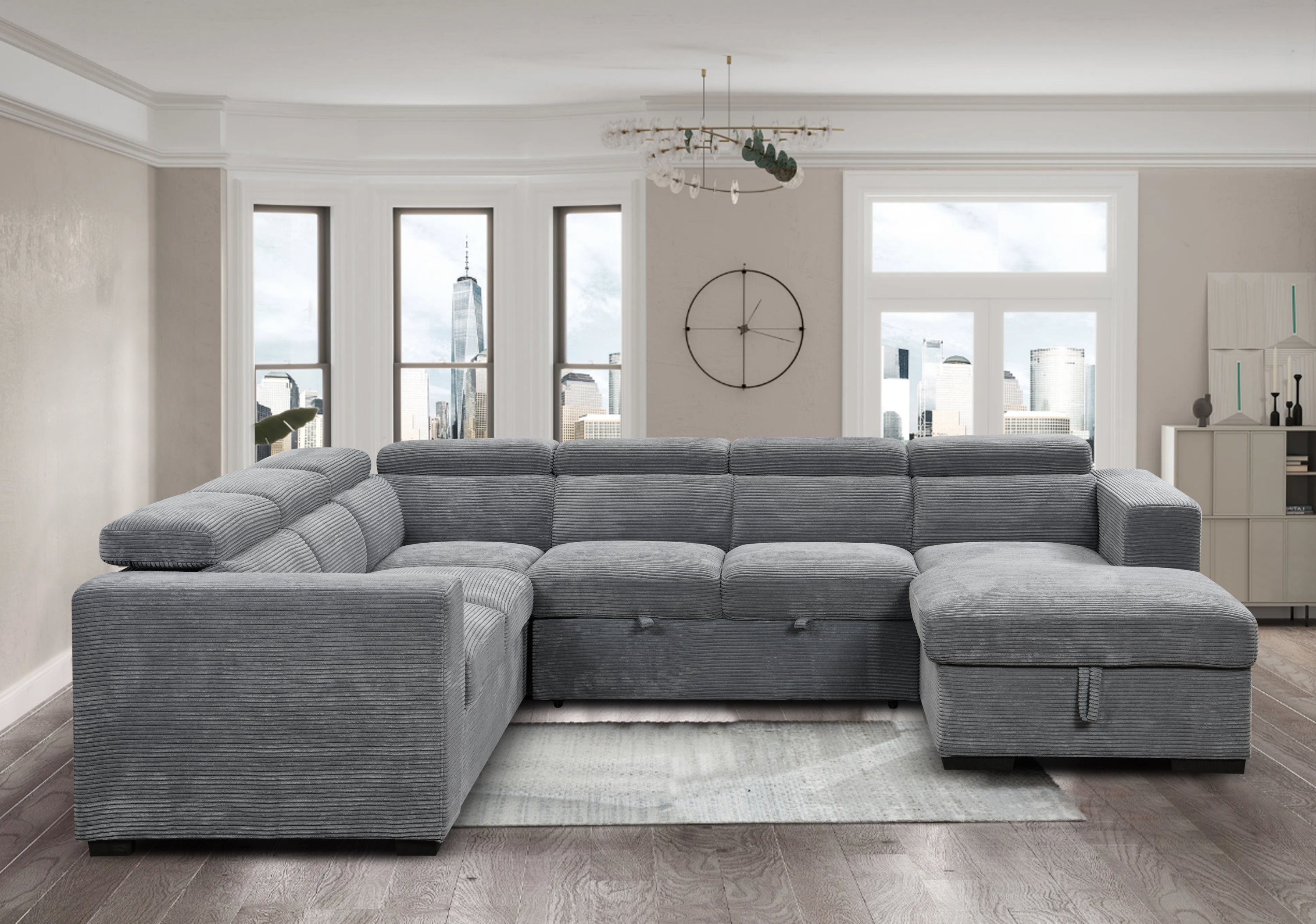 123" Oversized Modern U-Shaped 7-seat Sectional Sofa Couch with Adjustable Headrest, Sofa Bed with Storage Chaise,Pull Out Couch Bed for Living Room ,Dark Gray