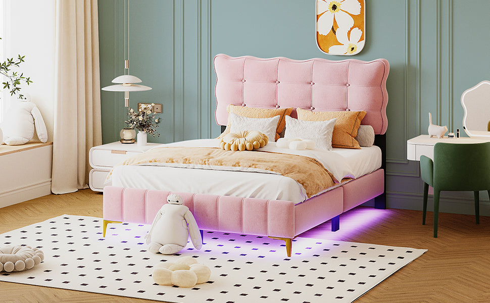 Full Size Velvet Platform Bed with LED Frame and Stylish Mental Bed Legs, Pink