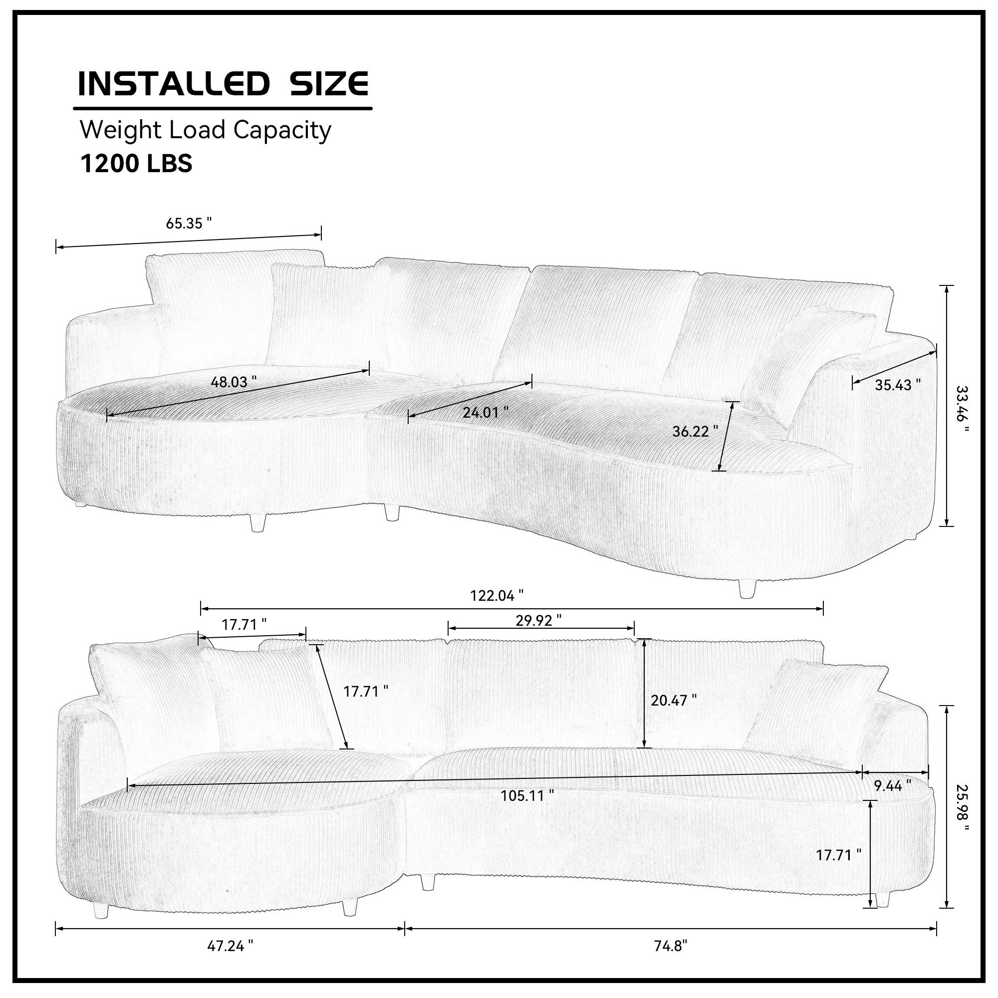 122.04 inch Oversized Sectional Sofa, Modern Couch with Chaise, Comfy Sofa Couch with Left  Facing Chaise, White Corduroy Sofa