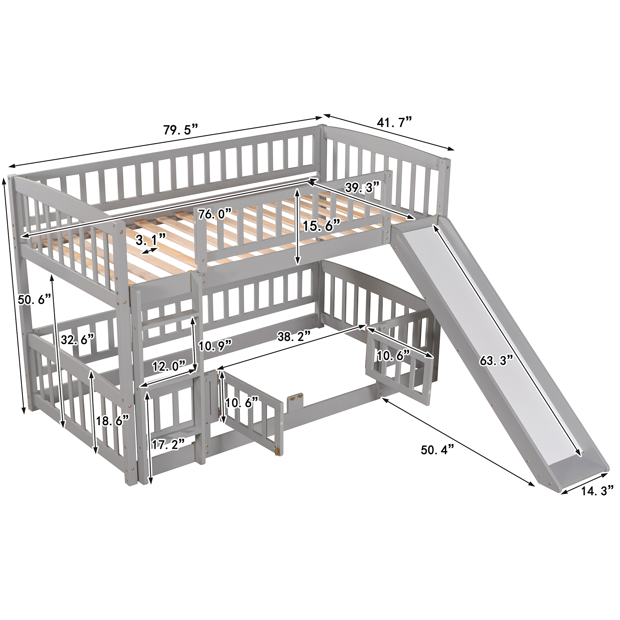 Bunk Bed with Slide,Twin Over Twin Low Bunk Bed with Fence and Ladder for  Kids Teens Grey