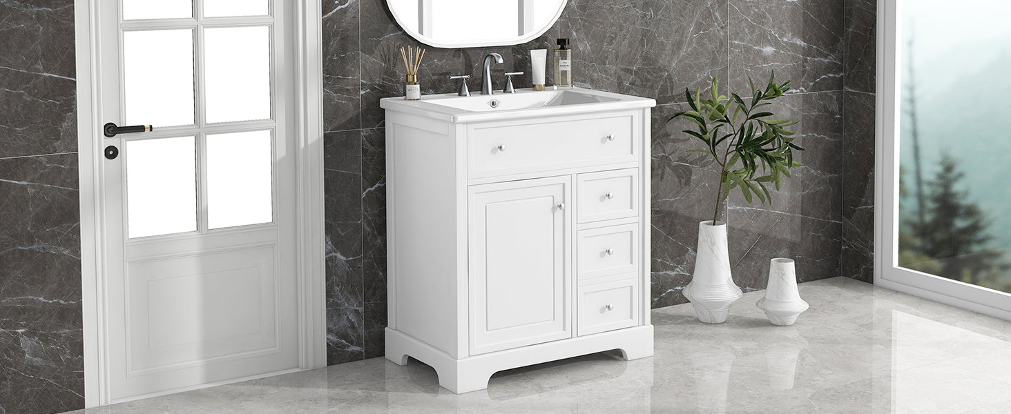 30" Bathroom Vanity with Sink Top, Bathroom Vanity Cabinet with Door and Two Drawers, MDF Boards, Solid Wood, One Package, White