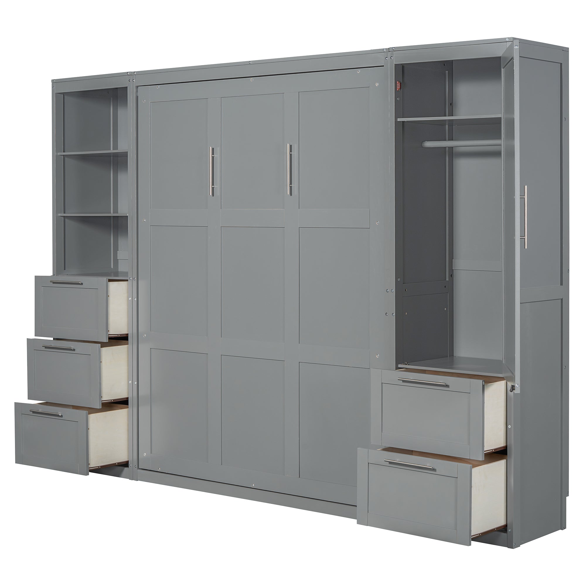 Queen Size Murphy Bed Wall Bed with Closet ,Drawers and Shelves,Gray