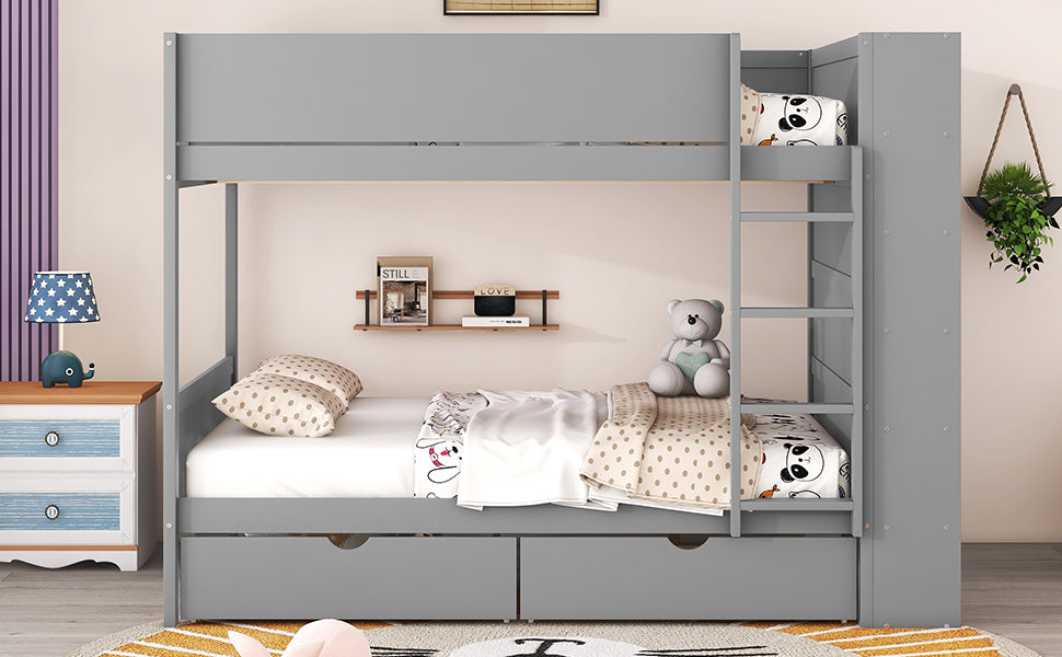 Full over Full Bunk Bed With 2 Drawers and Multi-layer Cabinet, Gray