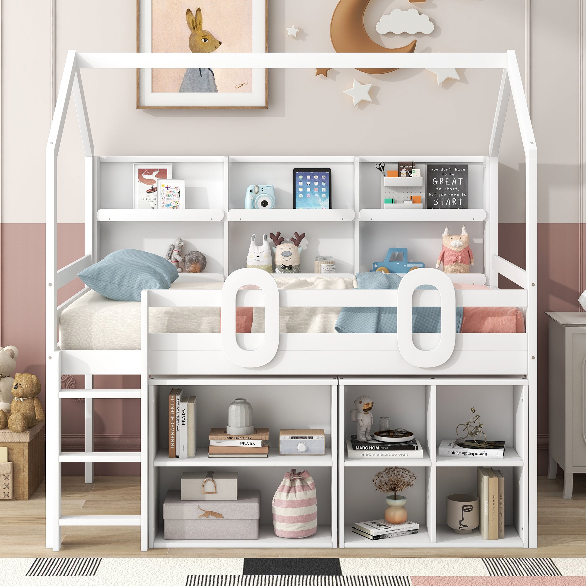 Twin Size House Loft Bed with Multiple Storage Shelves, White