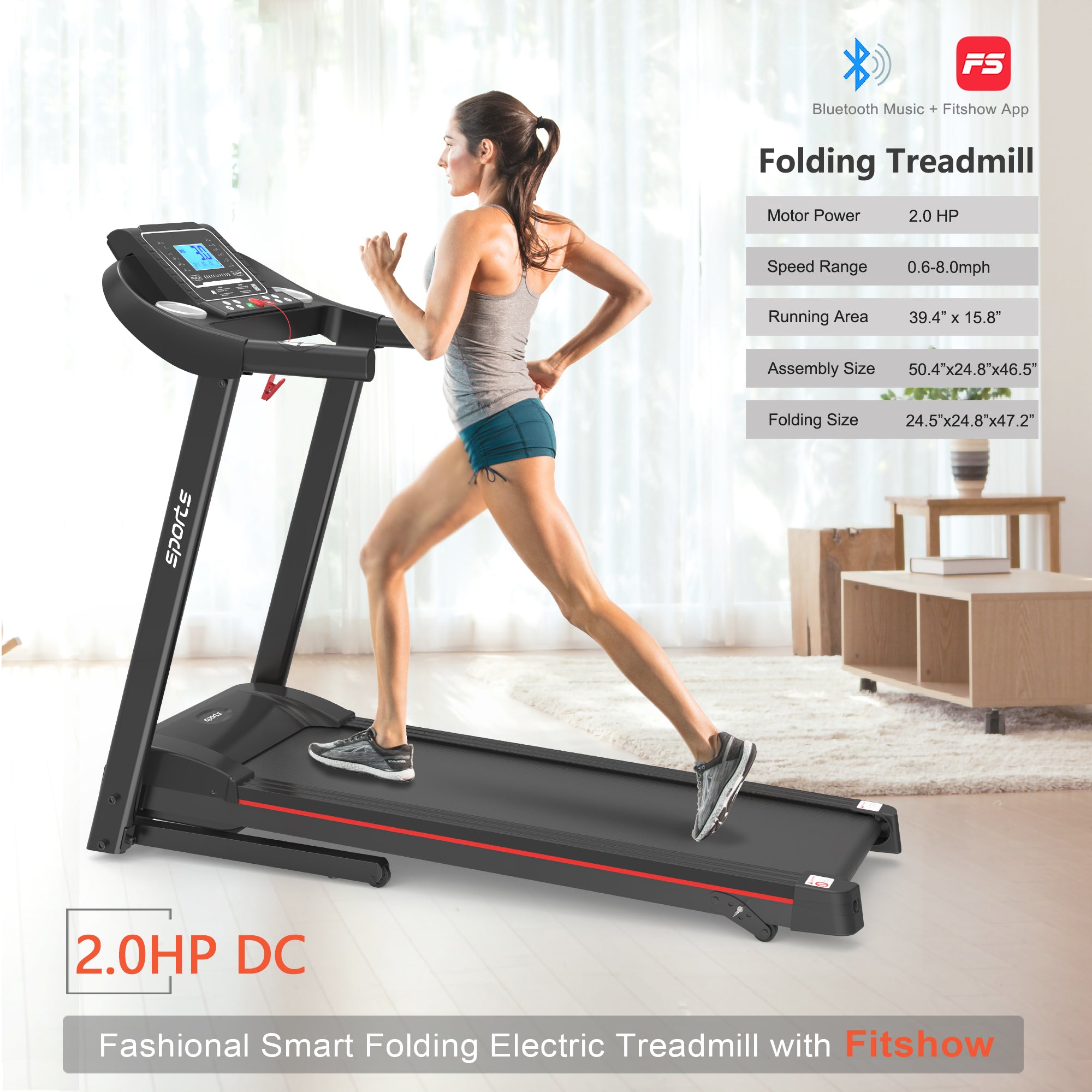 Fitshow App Home Foldable Treadmill with Incline, Folding Treadmill for Home Workout, Electric Walking Running Treadmill Machine 5" LCD Screen 250 LB Capacity Bluetooth Music