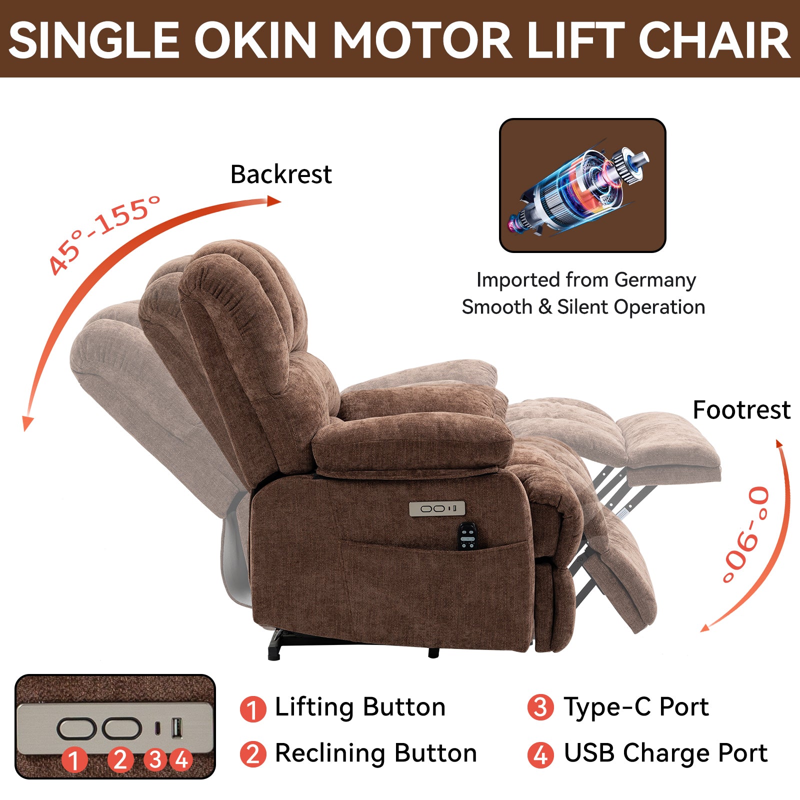 23" Seat Width and High Back Large Size Chenille Power Lift Recliner Chair with 8-Point Vibration Massage and Lumbar Heating, Brown