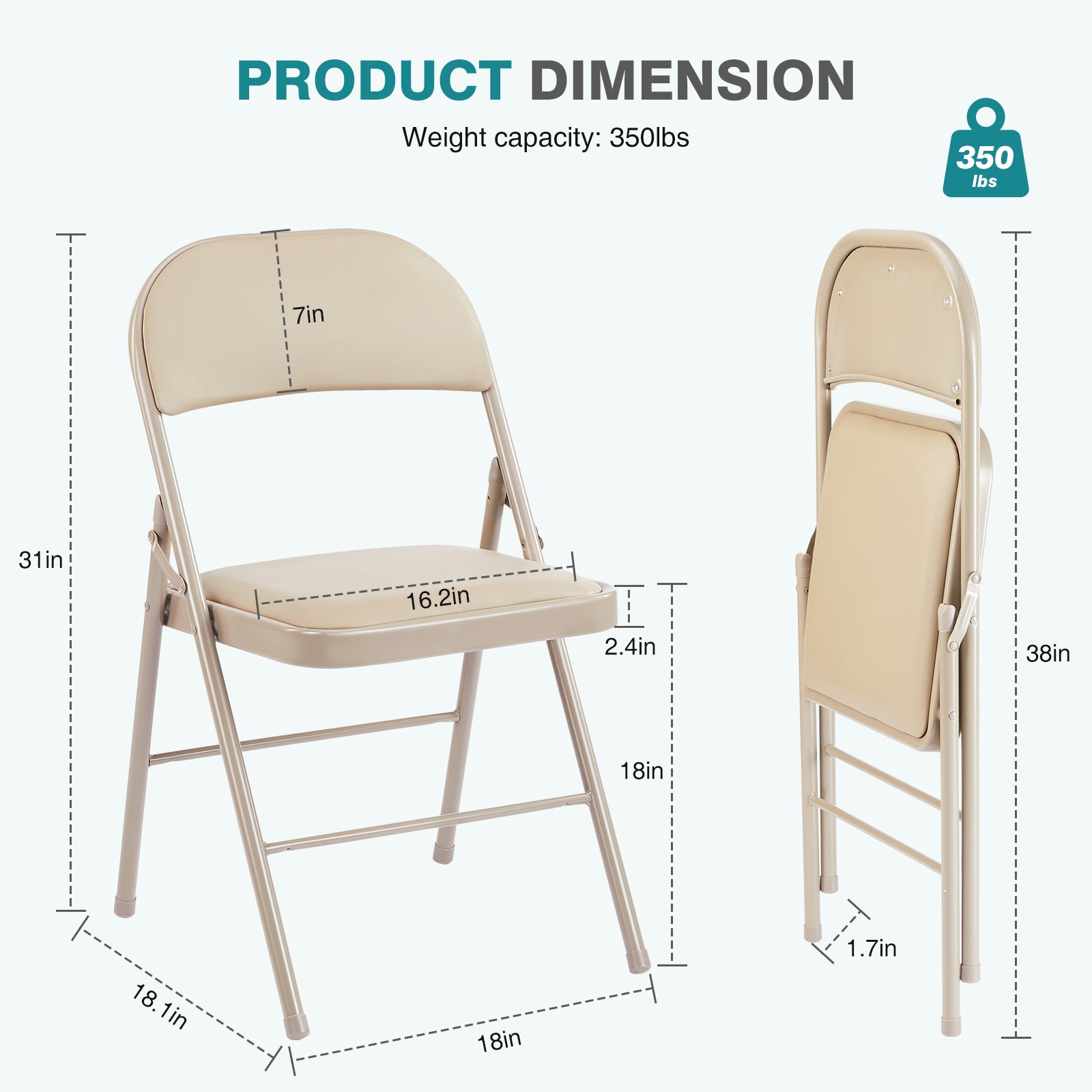 Folding Chair 2 Pack, Leather Padded Folding Chairs, Sturdy Metal Foldable Chairs, for Home, Office, Party, khaki 2 Pack