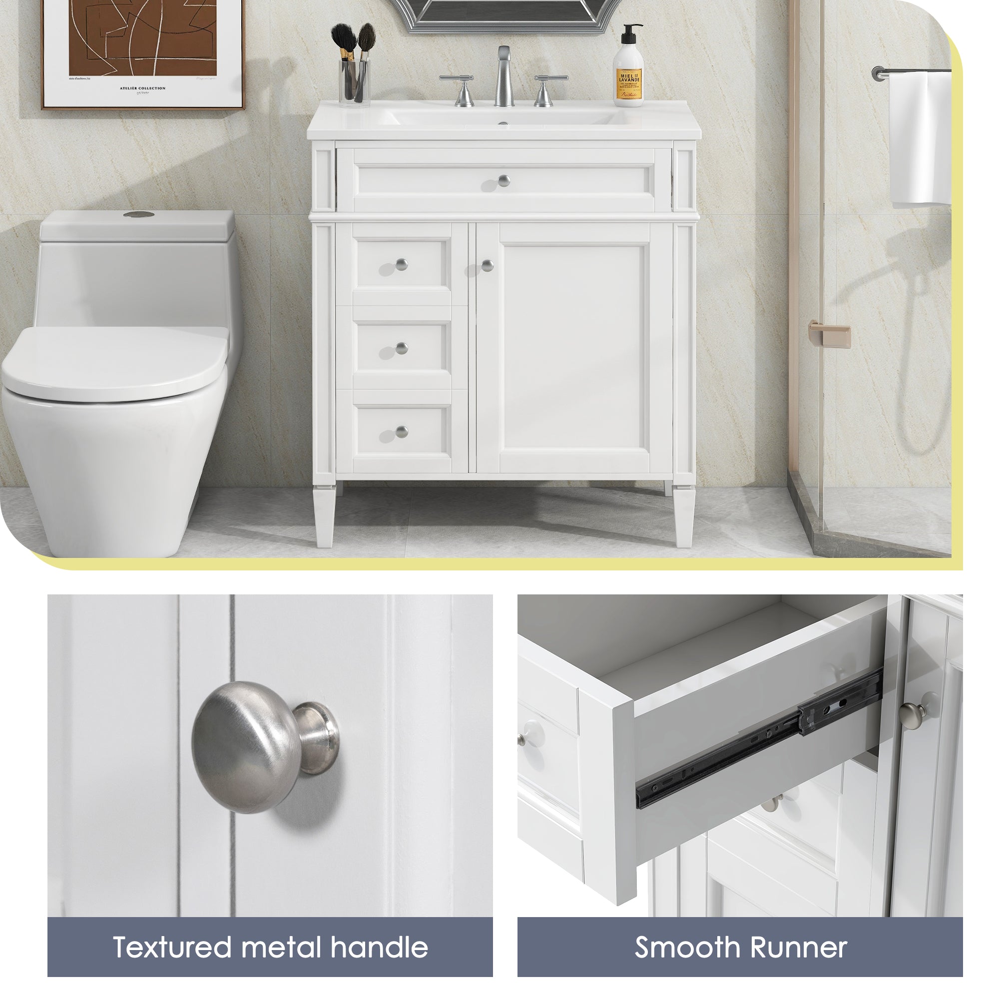 Modern single sink bathroom vanity storage cabinet, drawer detail