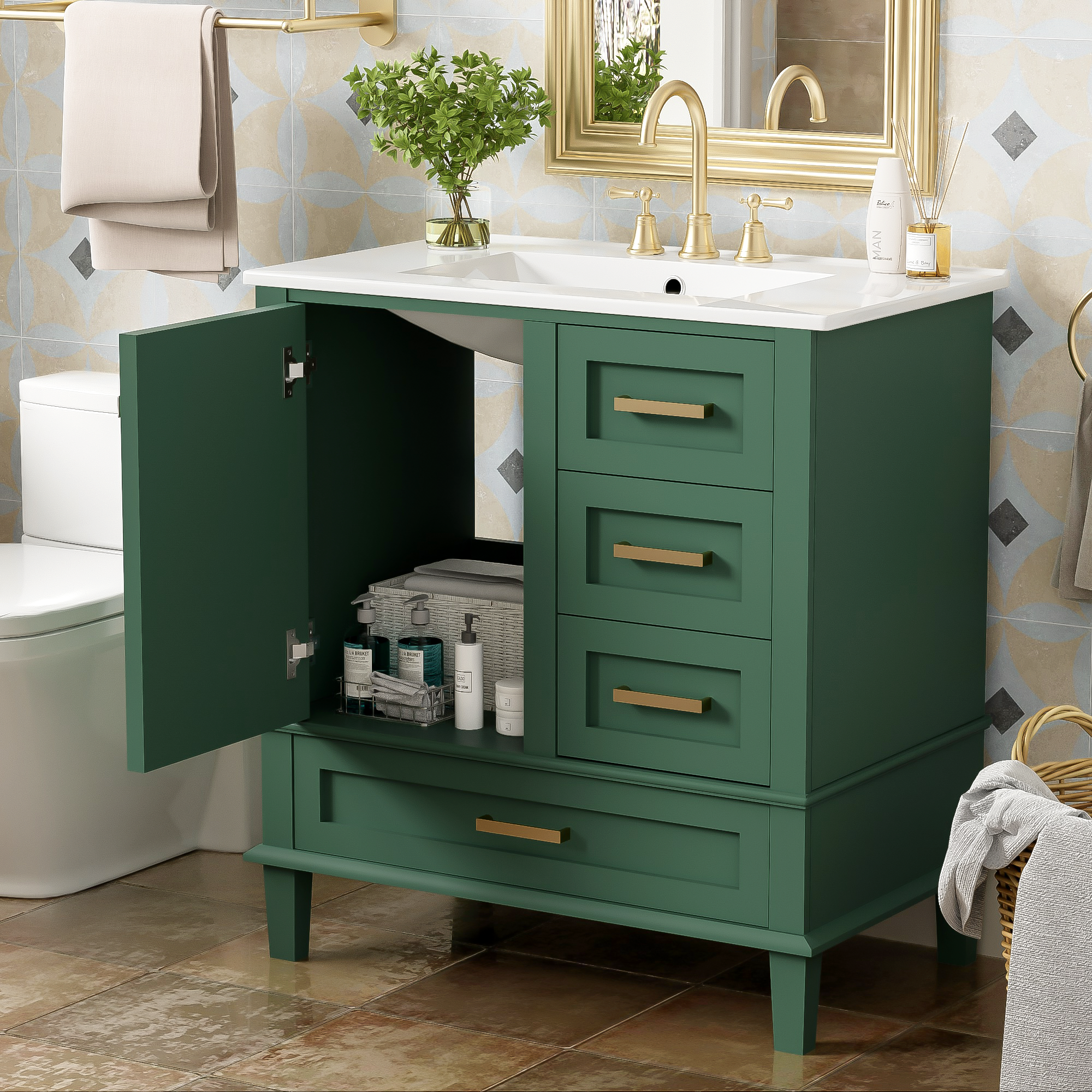 30" Bathroom Vanity in Green, Modern Bathroom Cabinet with Sink Combo Set, Bathroom Storage Cabinet with a Soft Closing Door and 3 Drawers, Solid Wood Frame