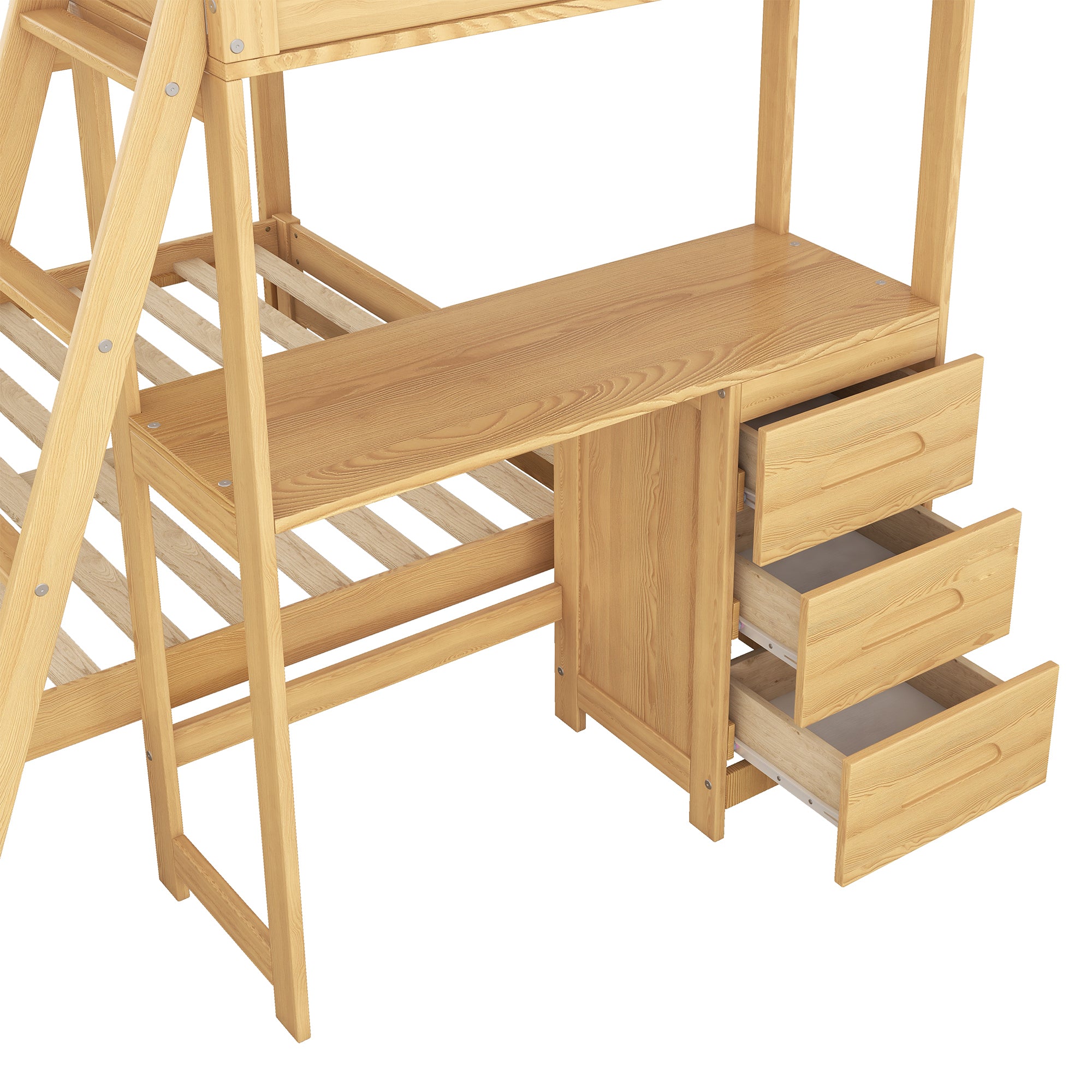 Twin over Full Bunk Bed with Built-in Desk and Three Drawers,Natural(old sku: SM000709AAD)