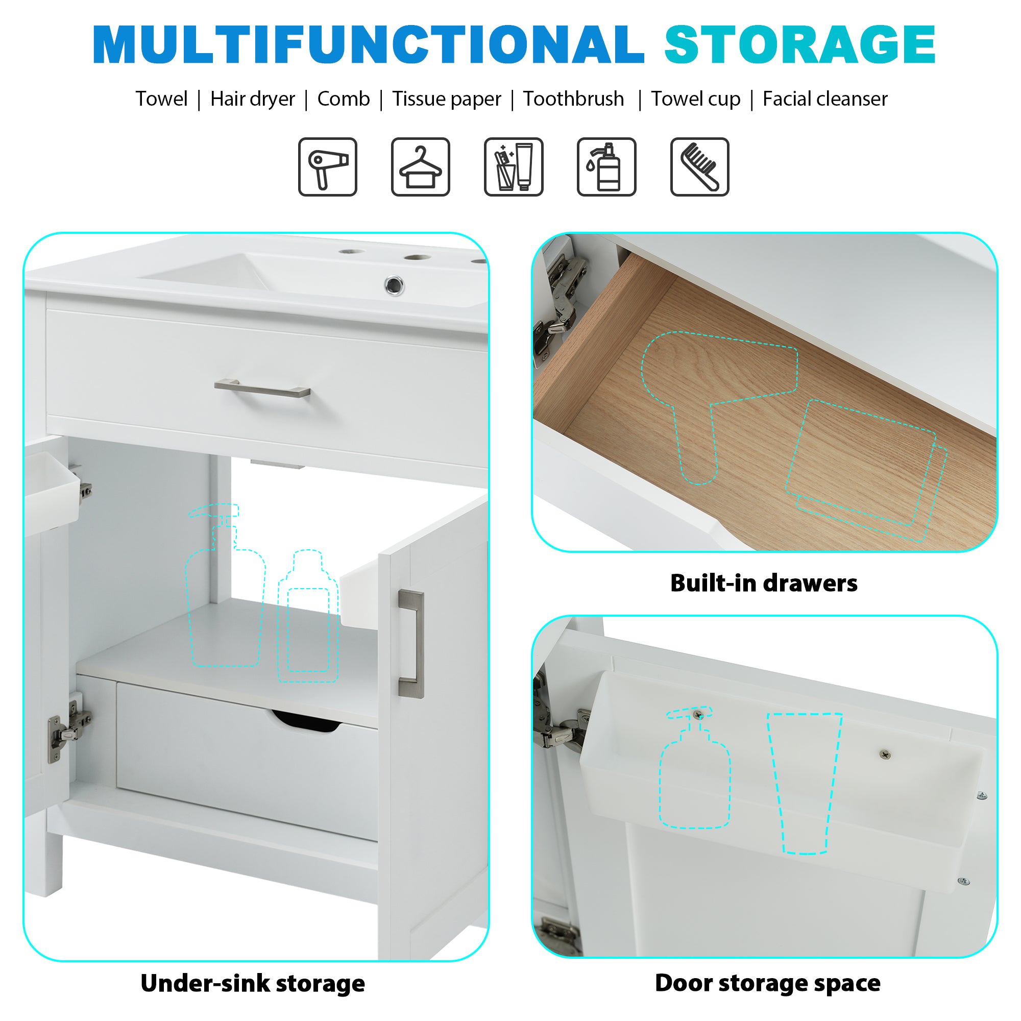 Bathroom vanity cabinet storage detail, small bathroom