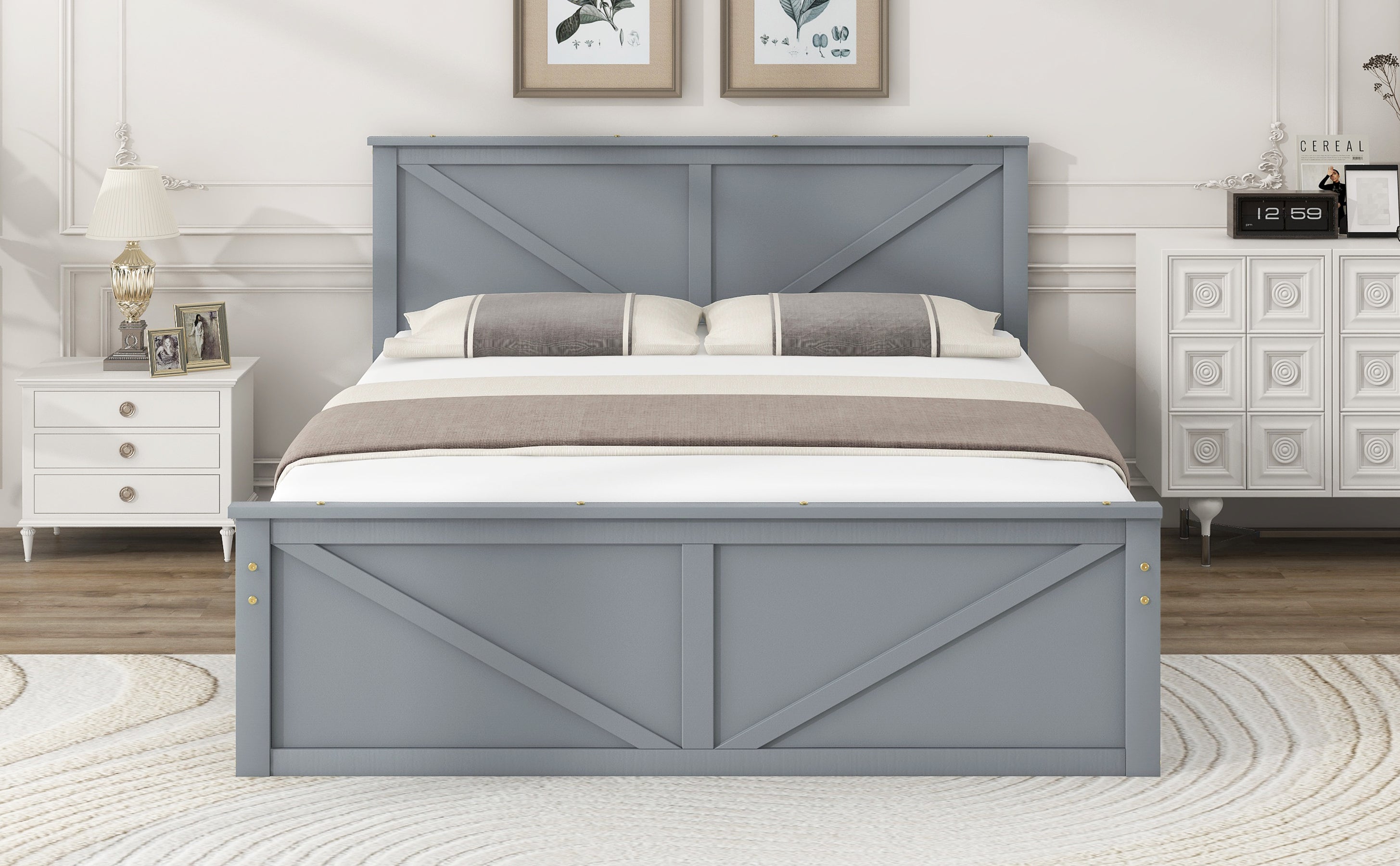 Queen Size Wooden Platform Bed with Four Storage Drawers and Support Legs, Gray