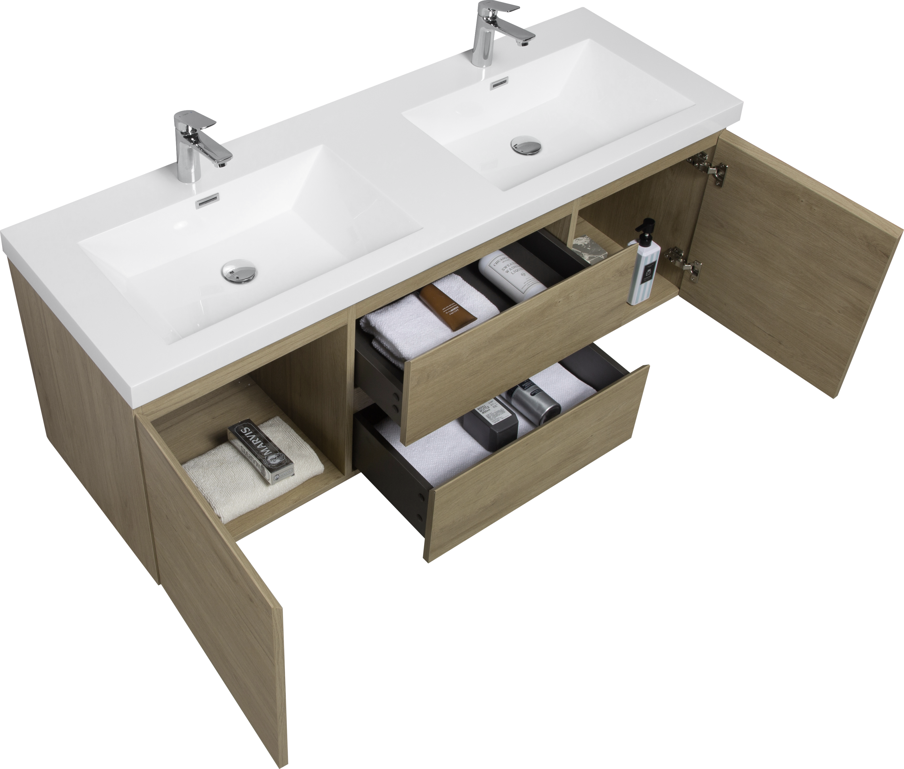 60" Floating Bathroom Vanity with Sink, Modern Wall-Mounted Bathroom Storage Vanity Cabinet with Double Resin Top Basins and Soft Close Drawers, Natural Oak 24V11-60DNO