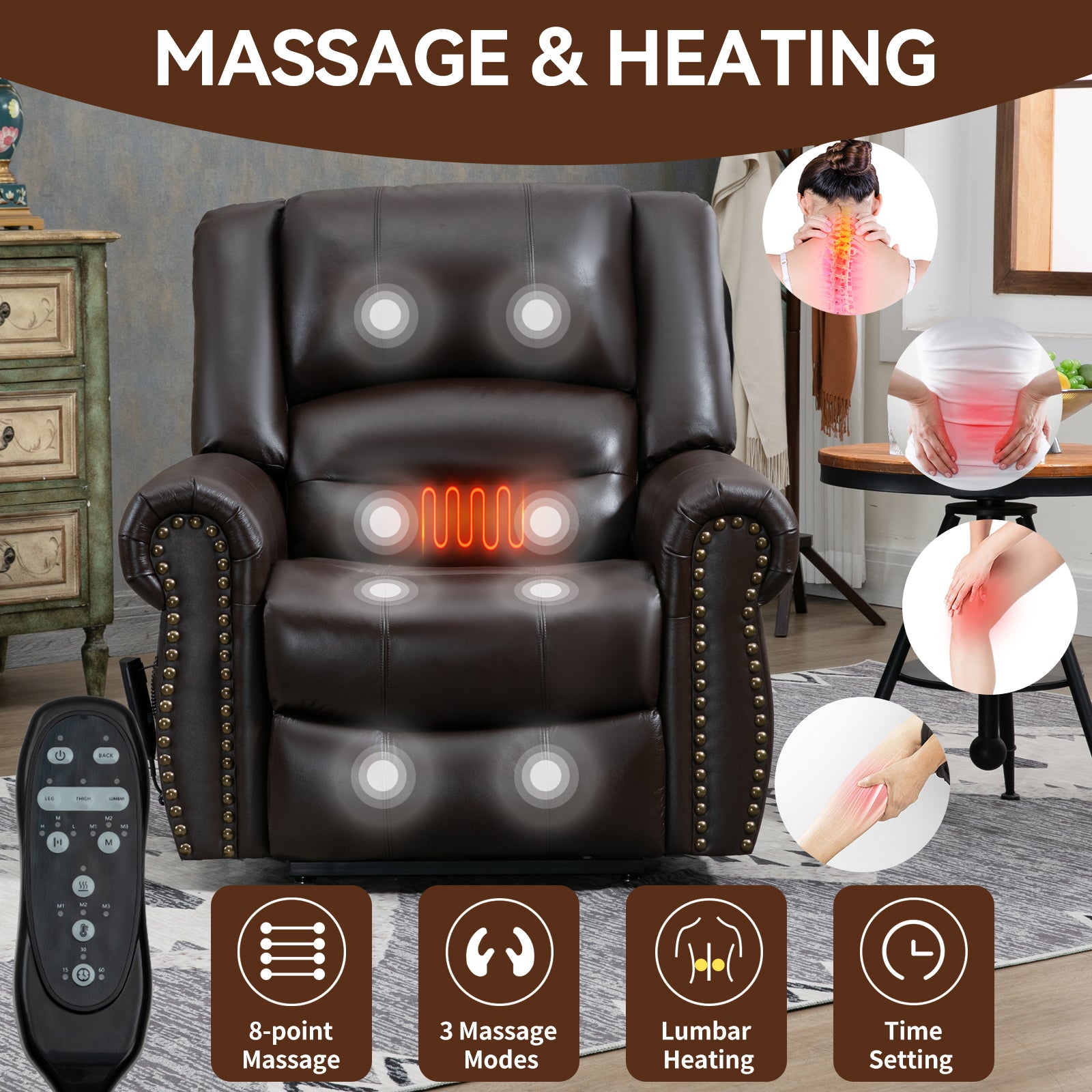 Power Lift Recliner Chair Heat Massage Dual Motor Infinite Position Up to 350 LBS, Genuine Leather, Heavy Duty Motion Mechanism with USB Ports, Brown