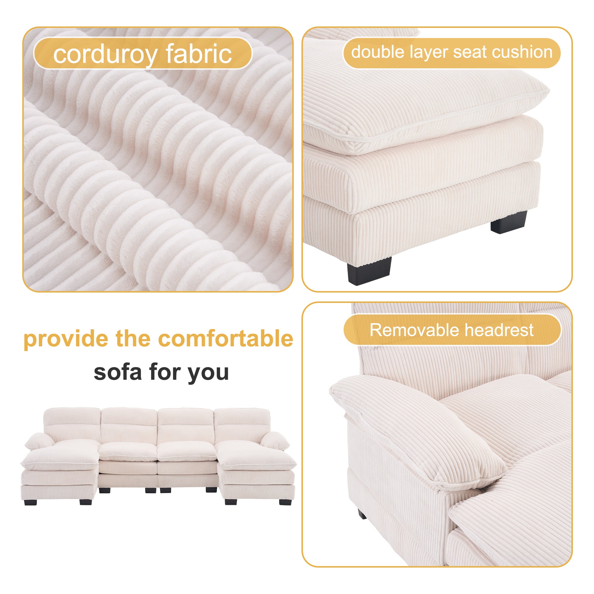 U-shaped profile sofa, including two single seats and two chaise, modular sofa, Corduroy sofa