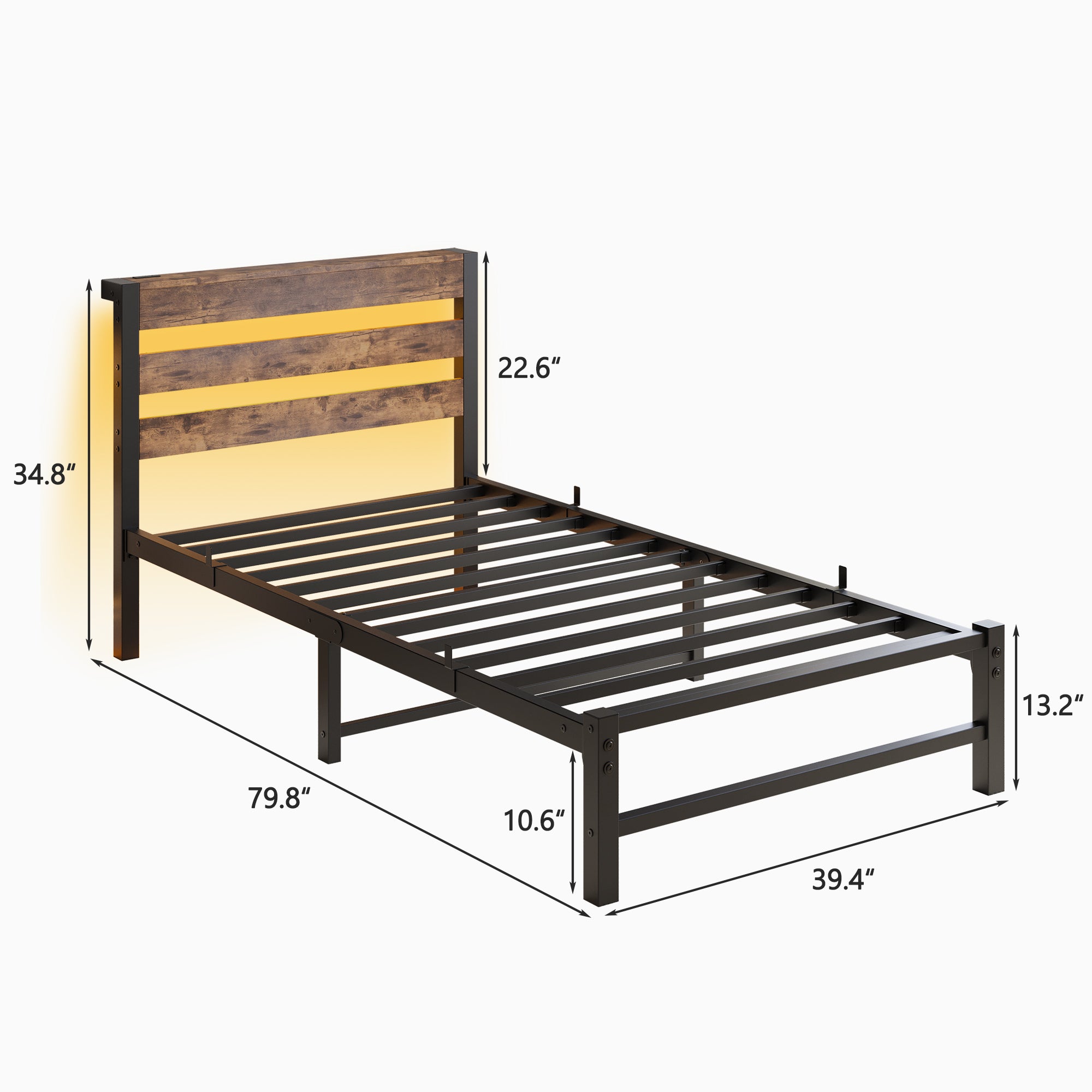 Twin Size Bed Frame Heavy Duty Platform Bed Frame with Headboard, USB Charging Station, LED Bed, No Box Spring Needed, Mattress Foundation, Strong Steel Slats, Noise Free, Brown