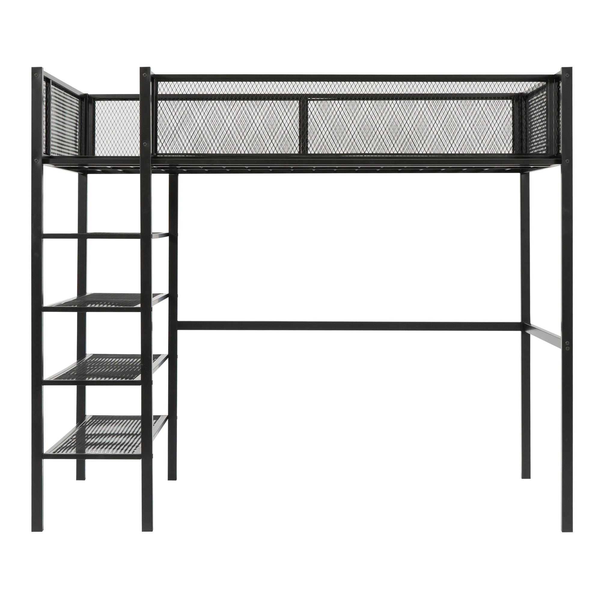 Twin Size Metal Loft Bed with 4-Tier Shelves and Storage, Black